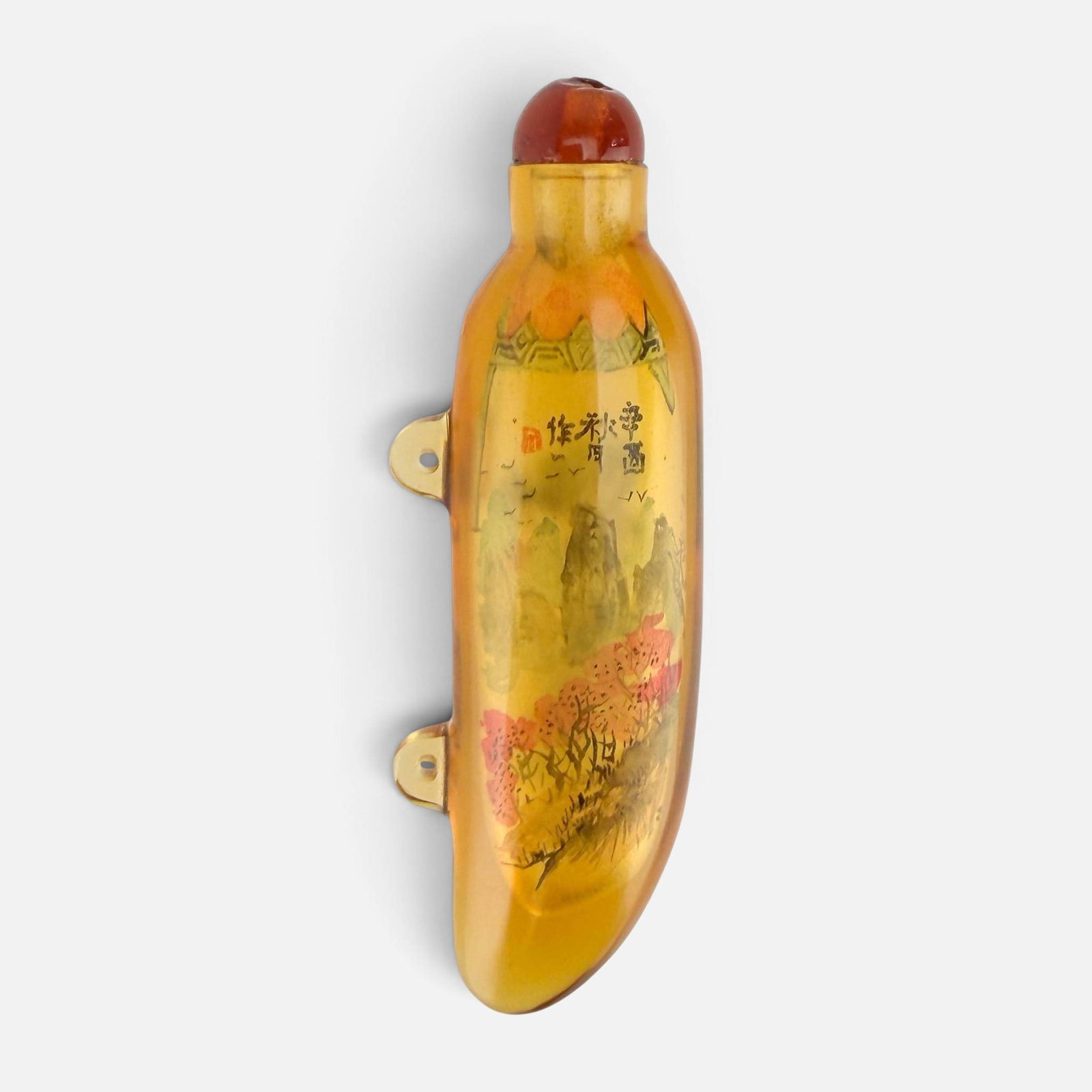 Antique Chinese Reverse Painted Amber Glass Hanging Snuff Bottle: Ca. 19th/early 20thC. Very good condition, hole through stopper. For shipping, we highly recommend Donald Camden at UPS Store 4608. Alternatively, reach out to one of our preferred shippers listed at 