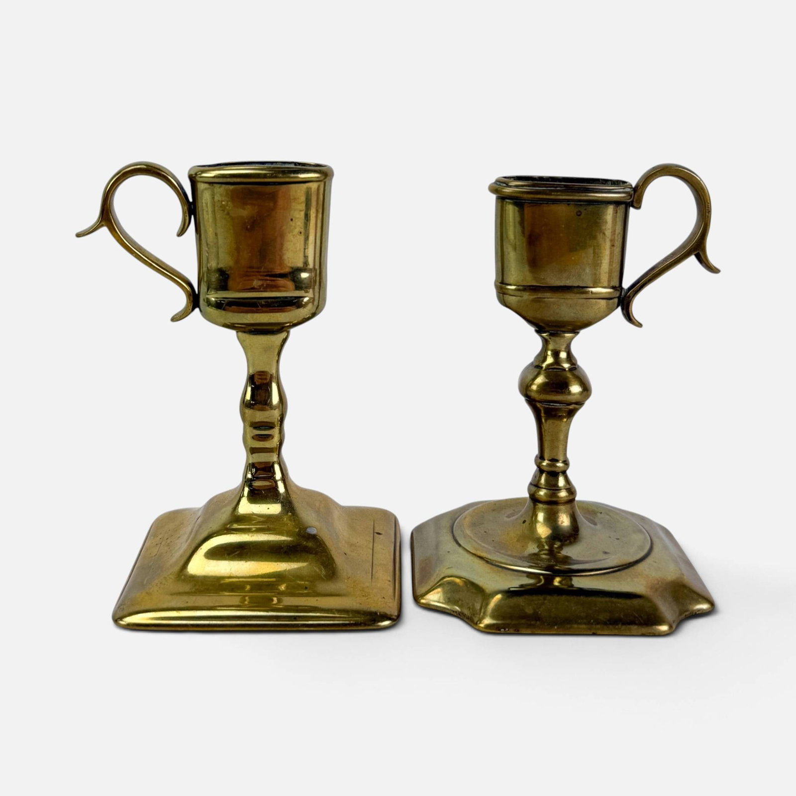 Two Antique 18thC Brass Handled Candlesnuffer Stands: Ca. 18thC. Good age-appropriate condition. For shipping, we highly recommend Donald Camden at UPS Store 4608. Alternatively, reach out to one of our preferred shippers listed at the link below or
