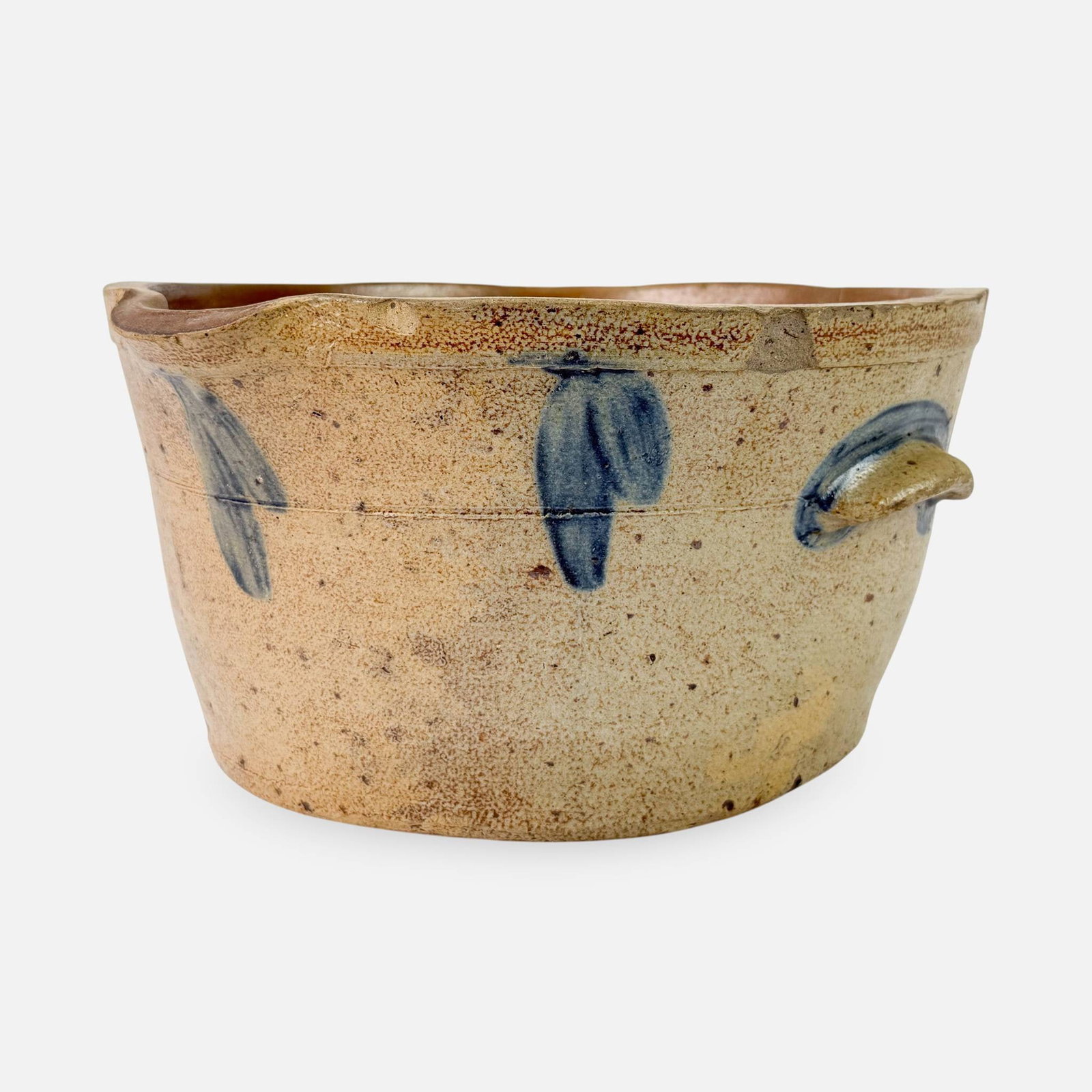 Baltimore Stoneware Batter Pot w/Cobalt Leaf Design: Ca. last half 19thC. See large crack, chips. For shipping, we highly recommend Donald Camden at UPS Store 4608. Alternatively, reach out to one of our preferred shippers listed at the link below or