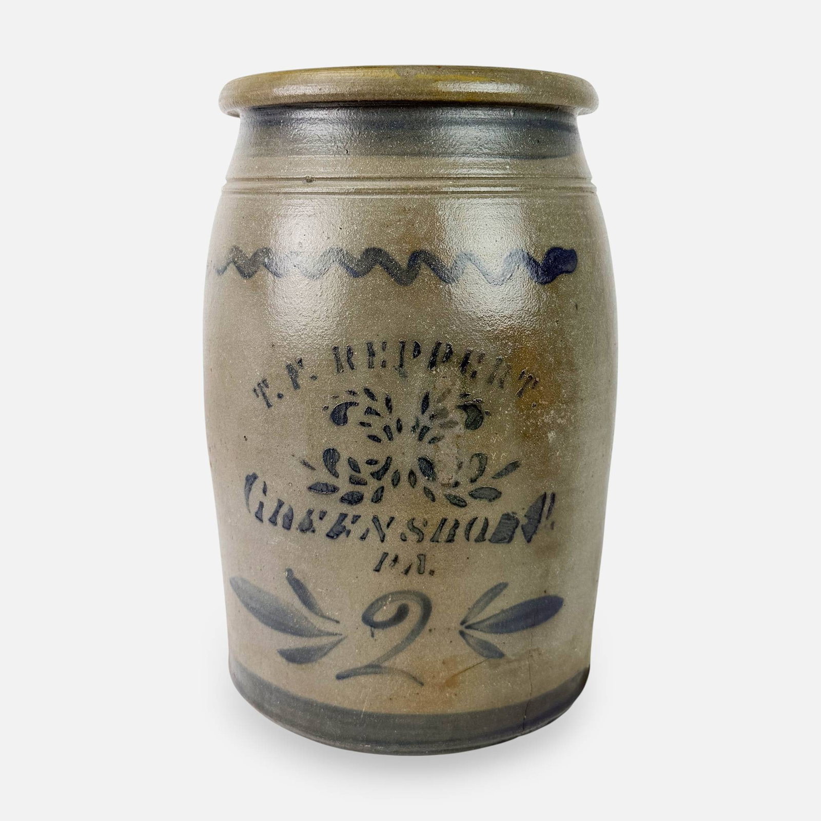 T.F. Reppert, Greensboro, PA 2 Gallon Stoneware Crock: Ca. late 19thC. See spiderweb crack to base/edge. For shipping, we highly recommend Donald Camden at UPS Store 4608. Alternatively, reach out to one of our preferred shippers listed at the link below