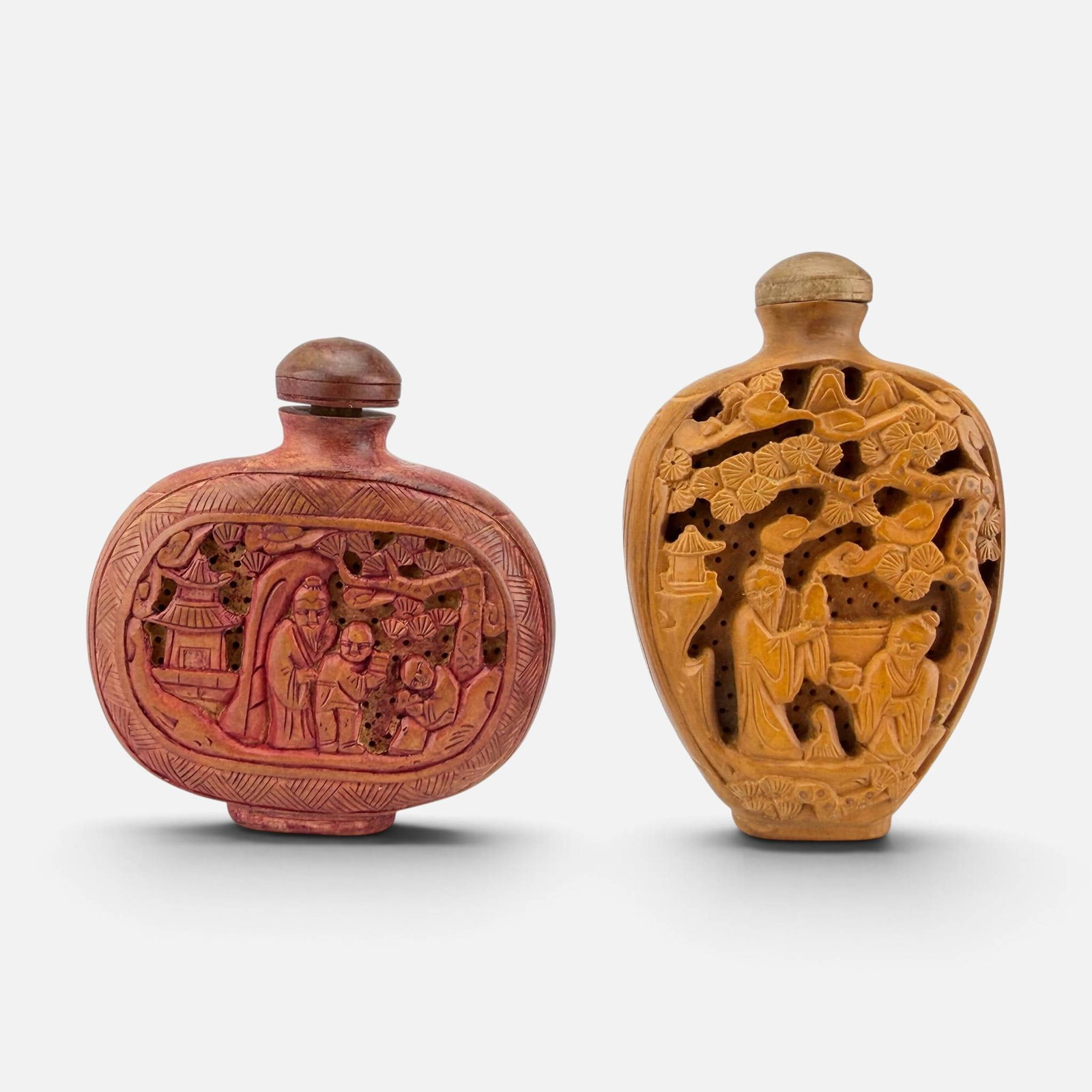 Two Chinese Chinoiserie Carved Wood Snuff Bottles: Very good condition. Taller bottle measures approx. H: 3", W: 1 7/8", D: 3/4", shorter bottle measures approx. H: 2 1/2", W: 2 3/8", D: 3/4". For shipping, we highly recommend Donald Camden at UPS