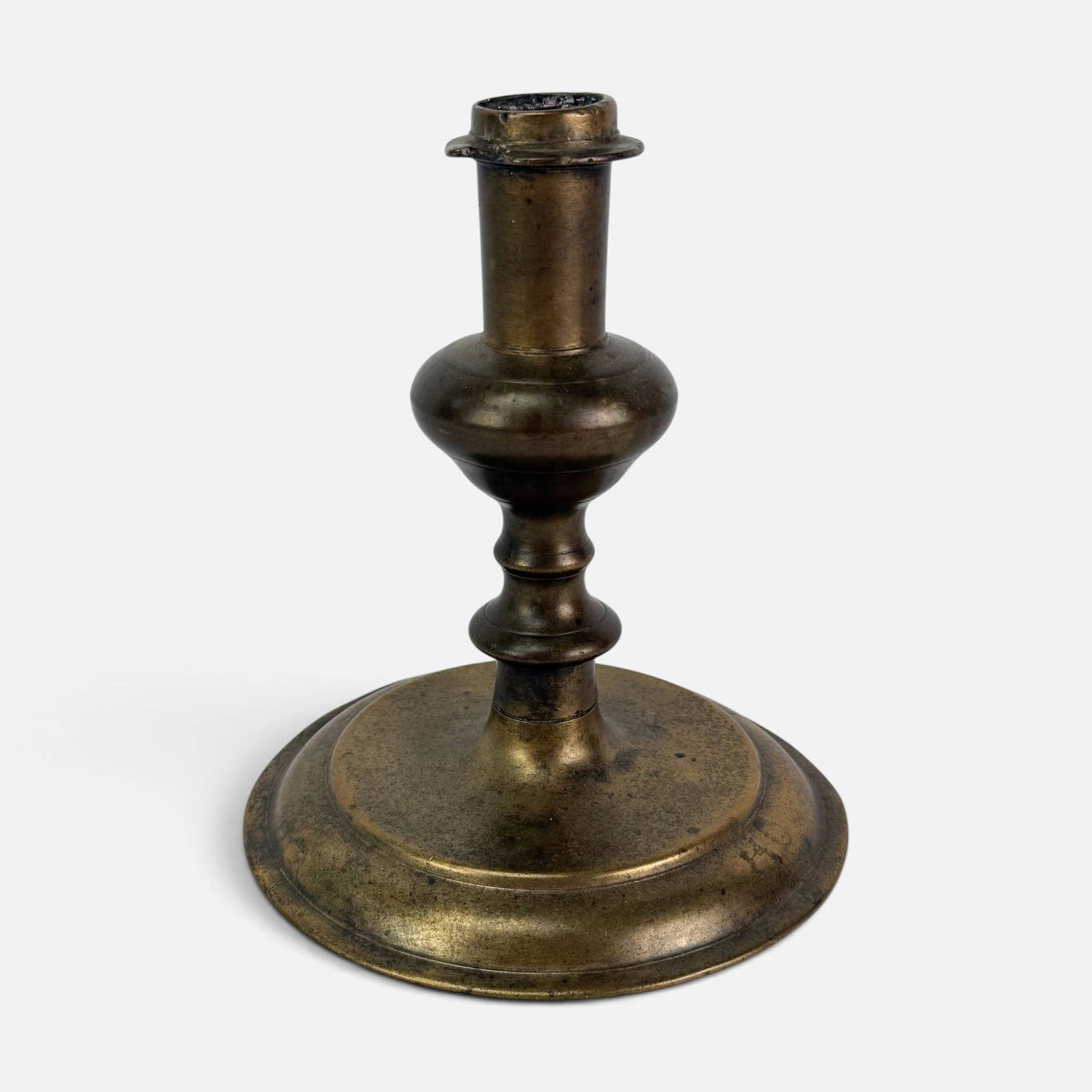 Antique 17th/18thC Brass Candlestick: Ca. 17th to 18thC. See crack to base, loss to ring below mouth. Ex. Robert Flourance collection, VA. For shipping, we highly recommend Donald Camden at UPS Store 4608. Alternatively, reach out to one
