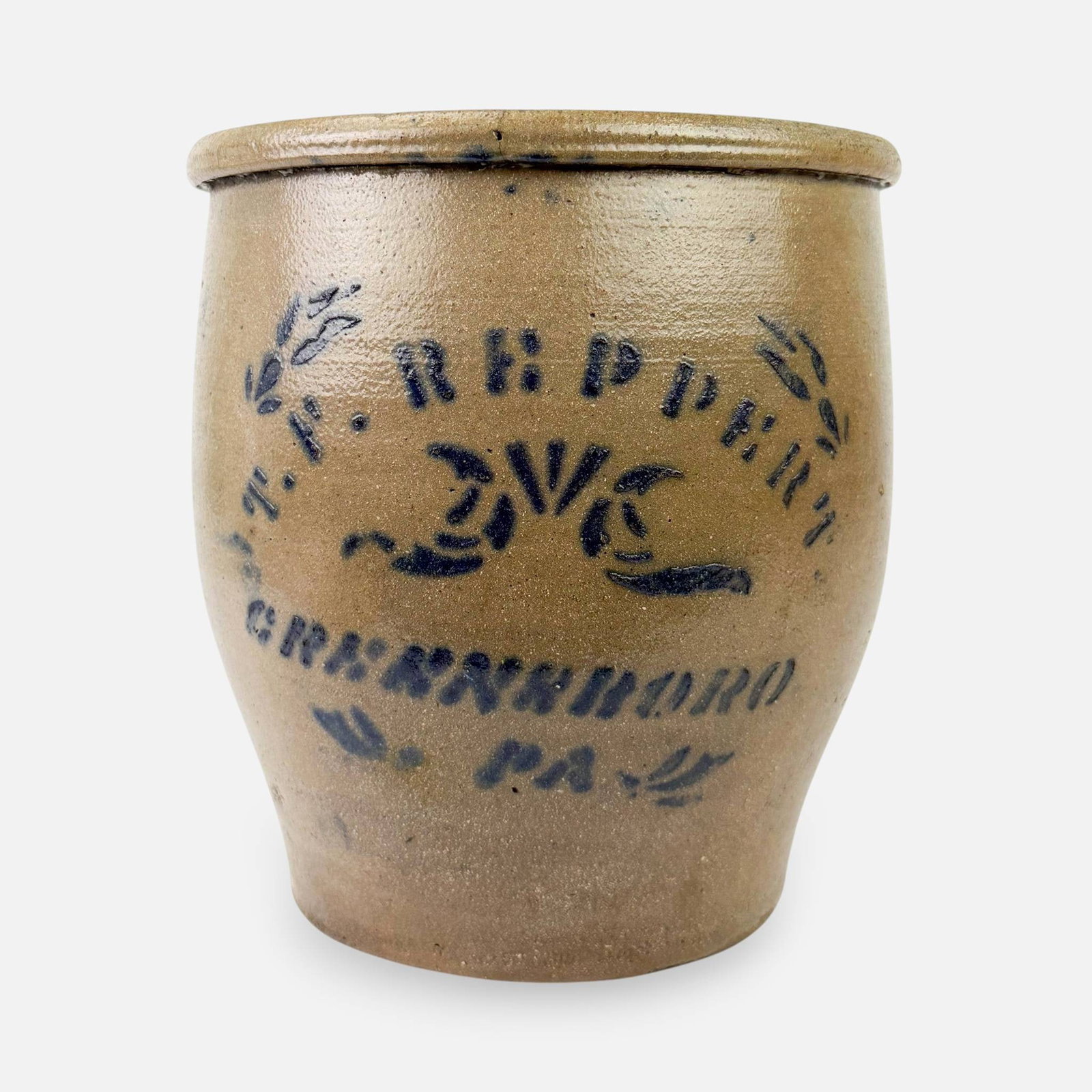 T.F. Reppert, Greensboro, PA Stoneware Crock: Ca. late 19thC. Good, with shown discoloration, surface abrasions. For shipping, we highly recommend Donald Camden at UPS Store 4608. Alternatively, reach out to one of our preferred shippers listed