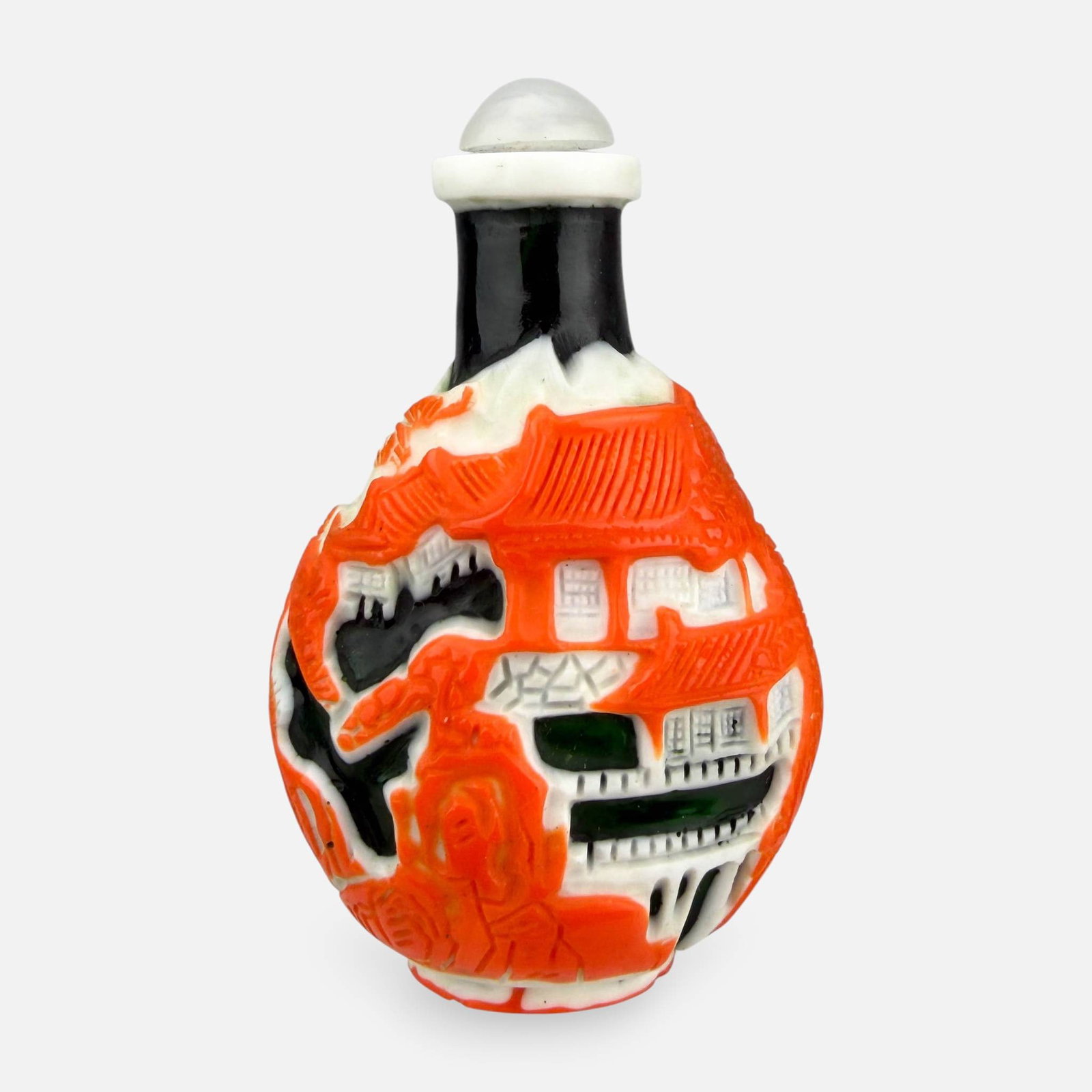 Antique Chinese Carved Overlay Multi-Color Glass Snuff Bottle w/Temple Landscape: Ca. 19th/early 20thC. Very Good, with minor chip to green stopper. For shipping, we highly recommend Donald Camden at UPS Store 4608. Alternatively, reach out to one of our preferred shippers listed