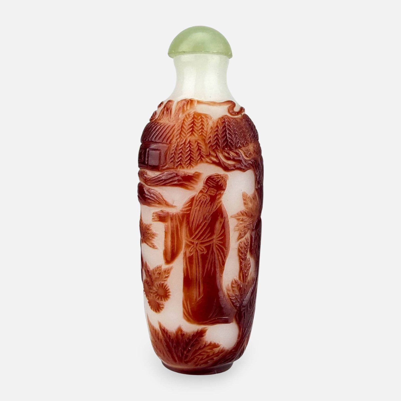 Antique Chinese Peking Glass Carved Overlay Snuff Bottle w/Scholar and Attendant Landscape Scene: Very good condition. With no chips, cracks, or repairs. For shipping, we highly recommend Donald Camden at UPS Store 4608. Alternatively, reach out to one of our preferred shippers listed at the link