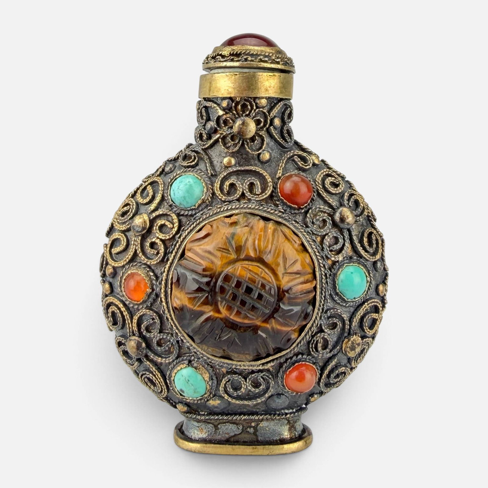 Antique Chinese Gilt Filigree Snuff Bottle w/Inset Hard Stones: 19thC/early 20thC. Very good age-appropriate condition, with no apparent major defects. For shipping, we highly recommend Donald Camden at UPS Store 4608. Alternatively, reach out to one of our