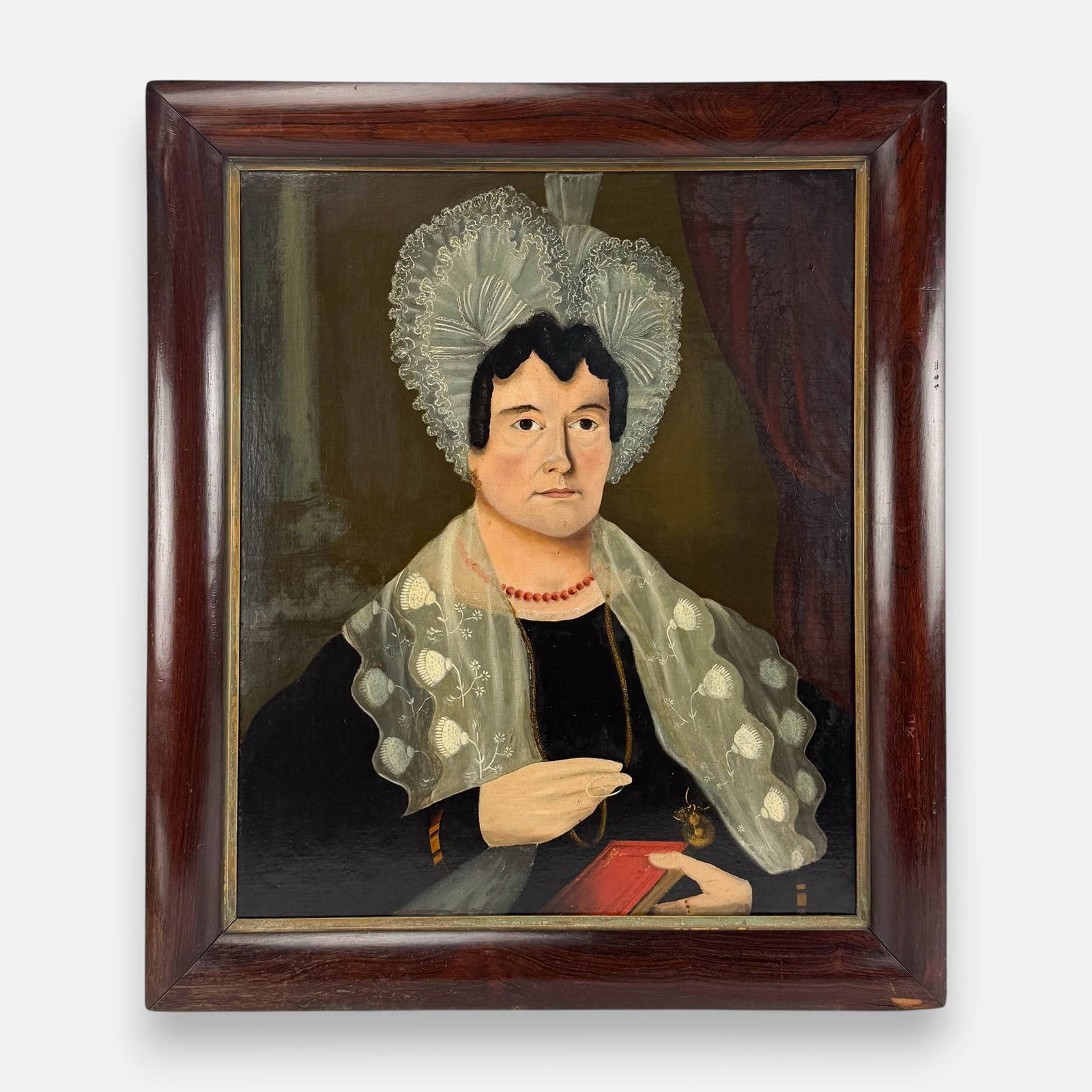 Antique Oil on Canvas Folk Art Portrait Painting: Approx. stretcher size 30 3/4" x 25". For shipping, we highly recommend Donald Camden at UPS Store 4608. Alternatively, reach out to one of our preferred shippers listed at the link below or elect
