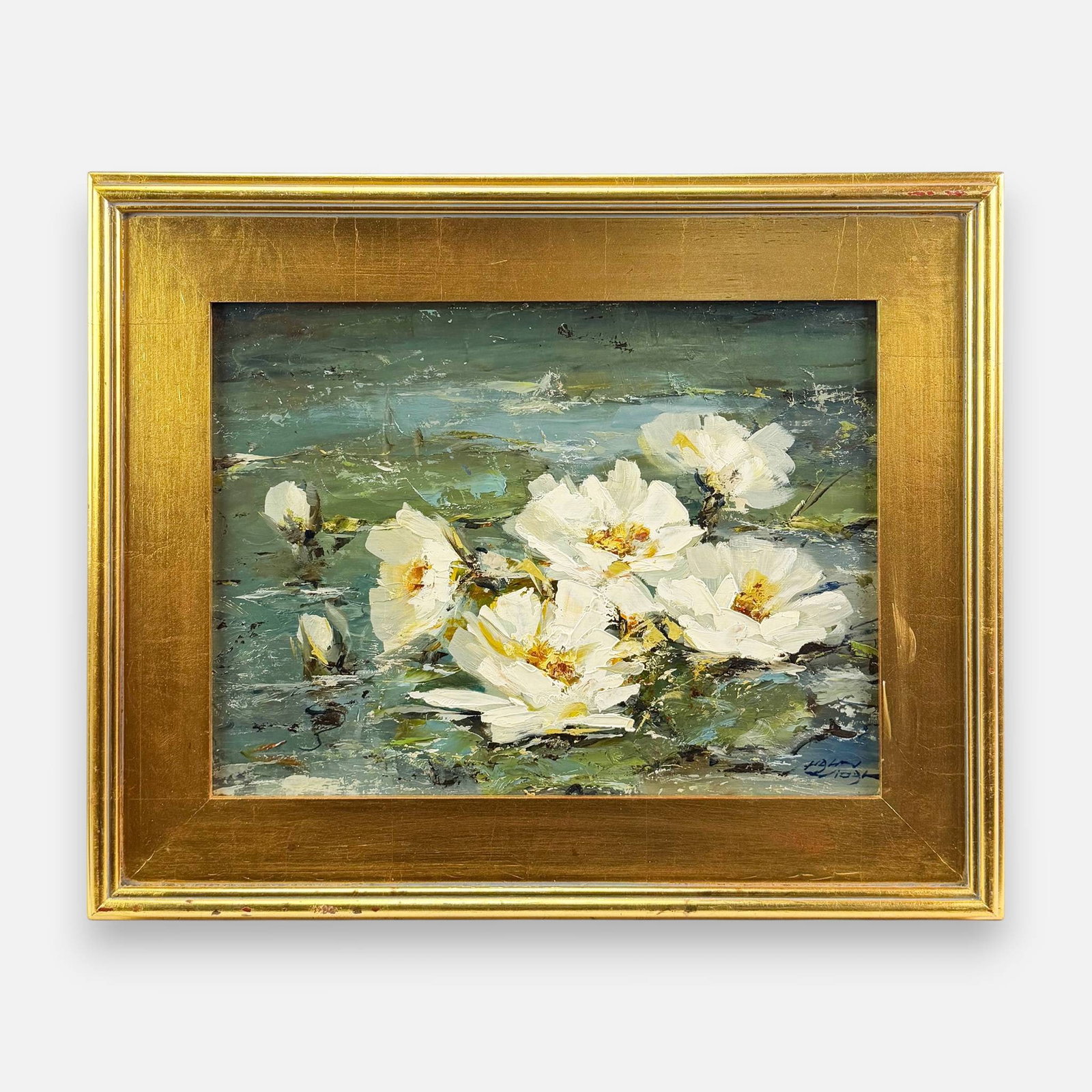 Hahn Vidal Water Lilies Oil on Board Painting: Margarita Hahn Vidal (German, b. 1919), oil on board. Signed lower right. Approx. board size 12" x 16". For shipping, we highly recommend Donald Camden at UPS Store 4608. Alternatively, reach out to o