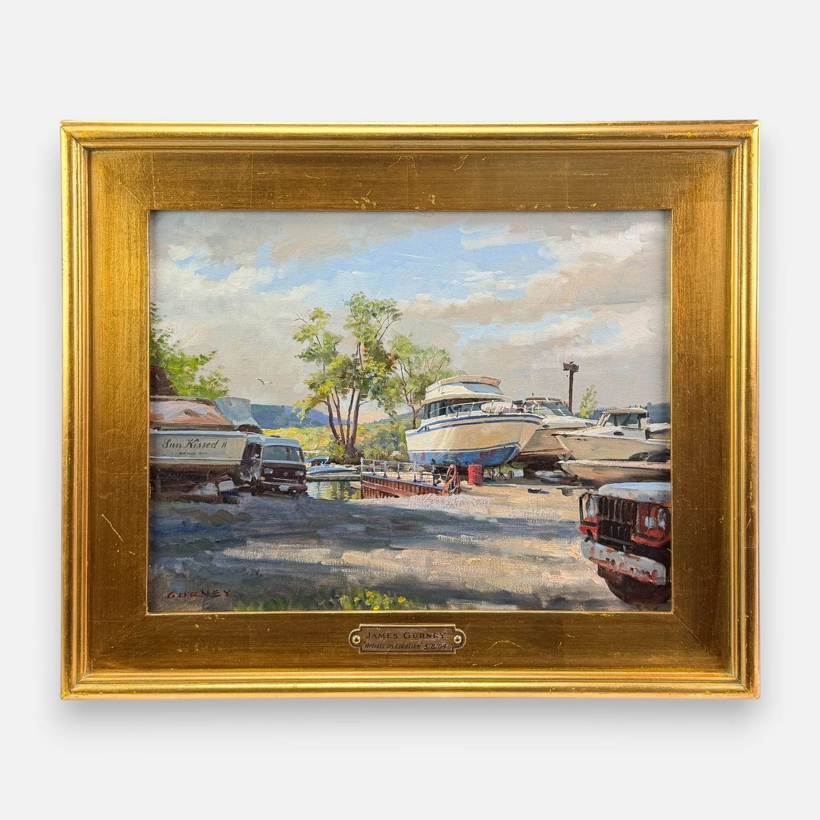 James Gurney "Cold Spring Boat Club" Oil on Canvas Painting: James Gurney (American, b.1958), Cold Spring Boat Club, 2004, oil on canvas. Signed "Gurney" lower left as shown. See artist sticker to verso. For shipping, we highly recommend Donald Camden at UPS St