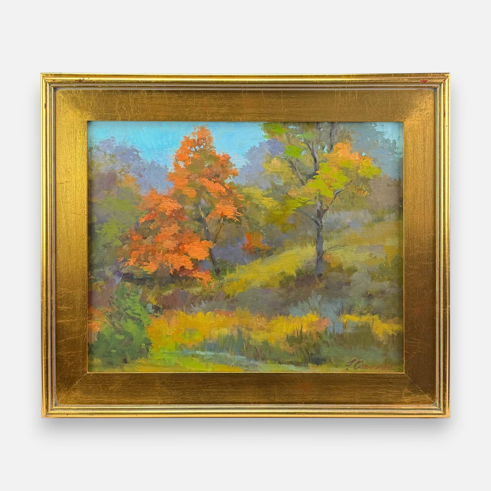 Frank Cannas Autumnal Landscape Oil on Canvas Painting: Frank Cannas (American, b. 1936), oil on canvas. Signed lower right. Approx. stretcher size 16" x 20". For shipping, we highly recommend Donald Camden at UPS Store 4608. Alternatively, reach out to on