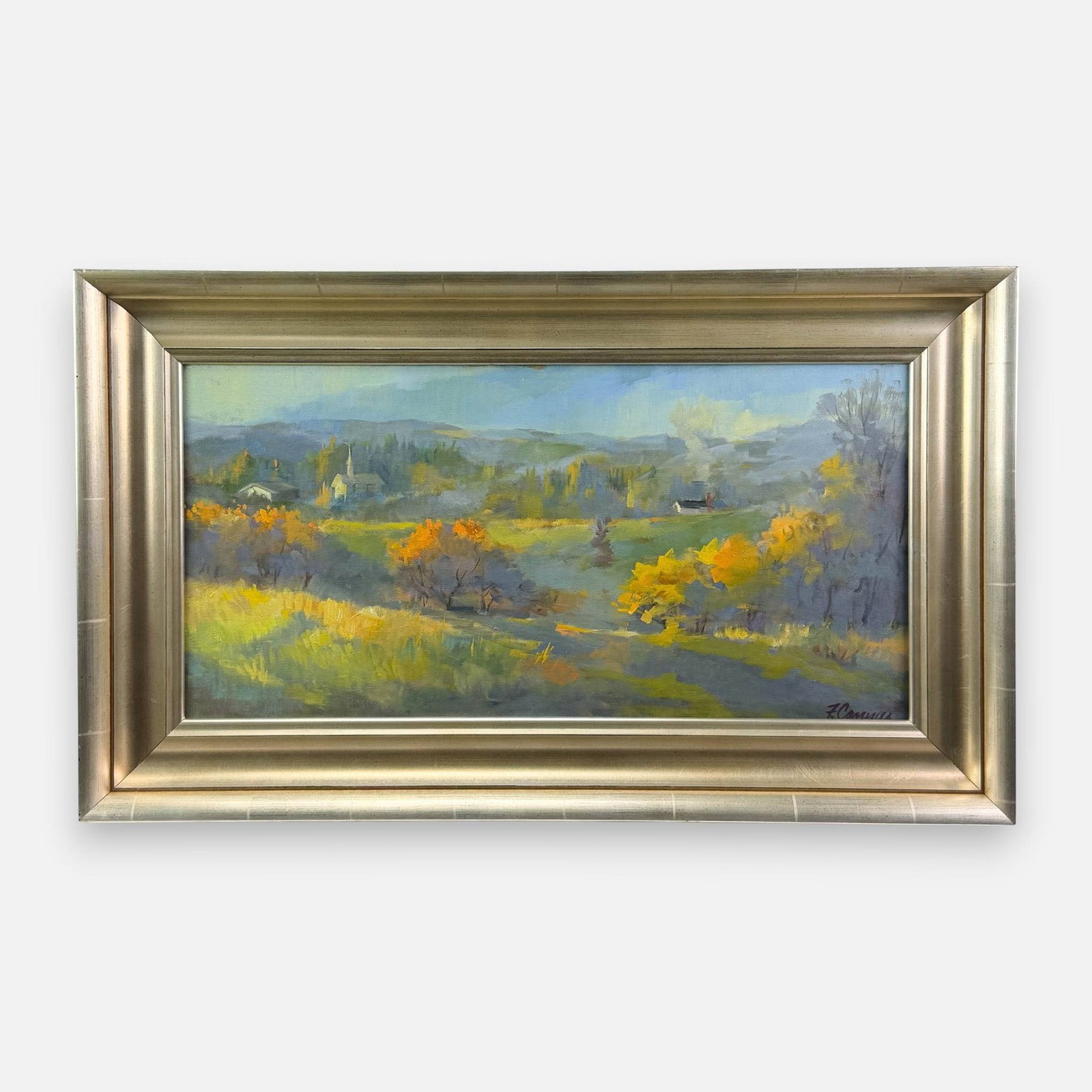 Frank Cannas "Millbrook Hills" Oil on Canvas Painting: Frank Cannas (American, b. 1936), Millbrook Hills, oil on canvas. Signed lower right. Approx. stretcher size 12" x 24". For shipping, we highly recommend Donald Camden at UPS Store 4608. Alternatively