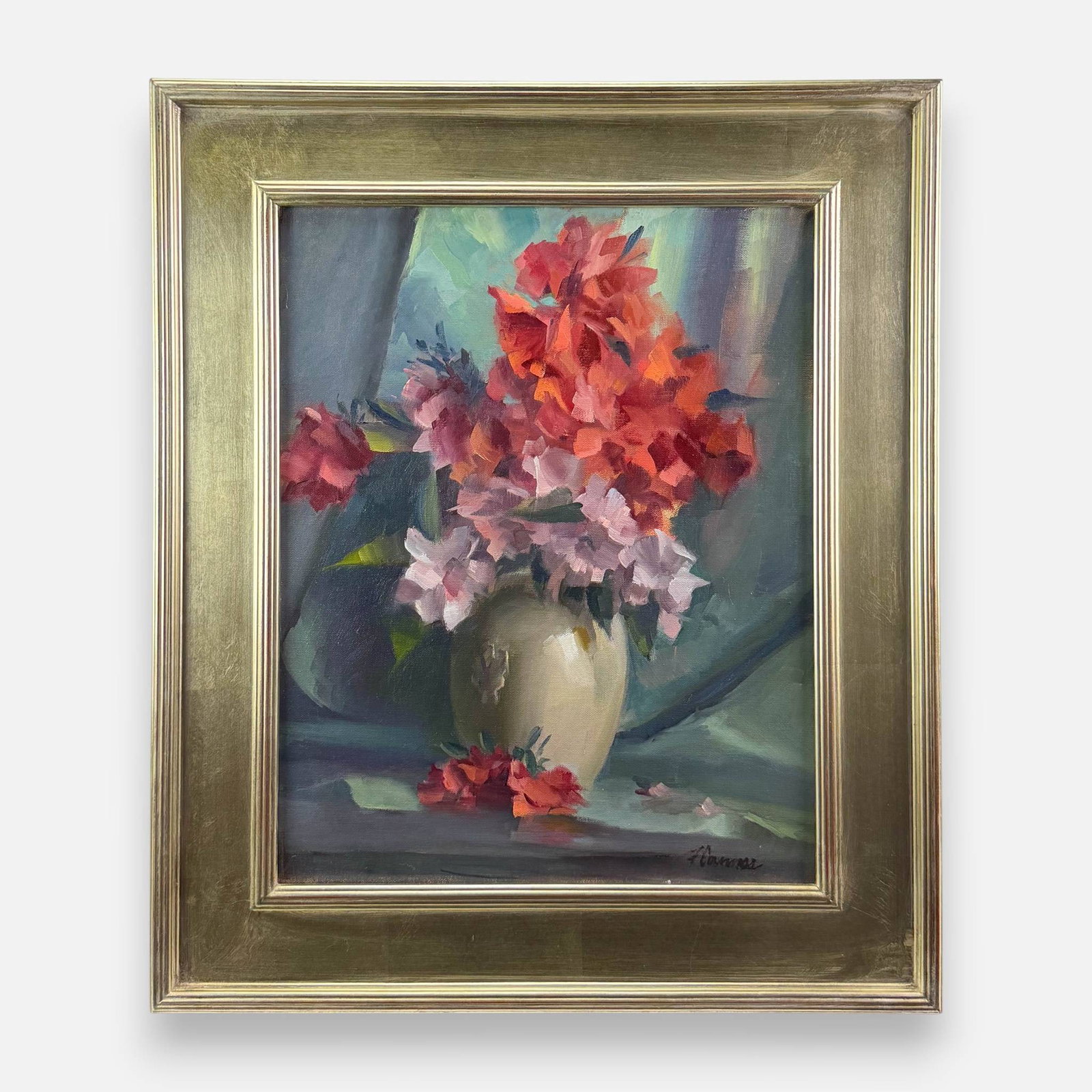 Frank Cannas Floral Bouquet Still Life Oil on Canvas Painting: Frank Cannas (American, b. 1936), oil on canvas. Signed lower right. Approx. stretcher size 20" x 16". For shipping, we highly recommend Donald Camden at UPS Store 4608. Alternatively, reach out to on