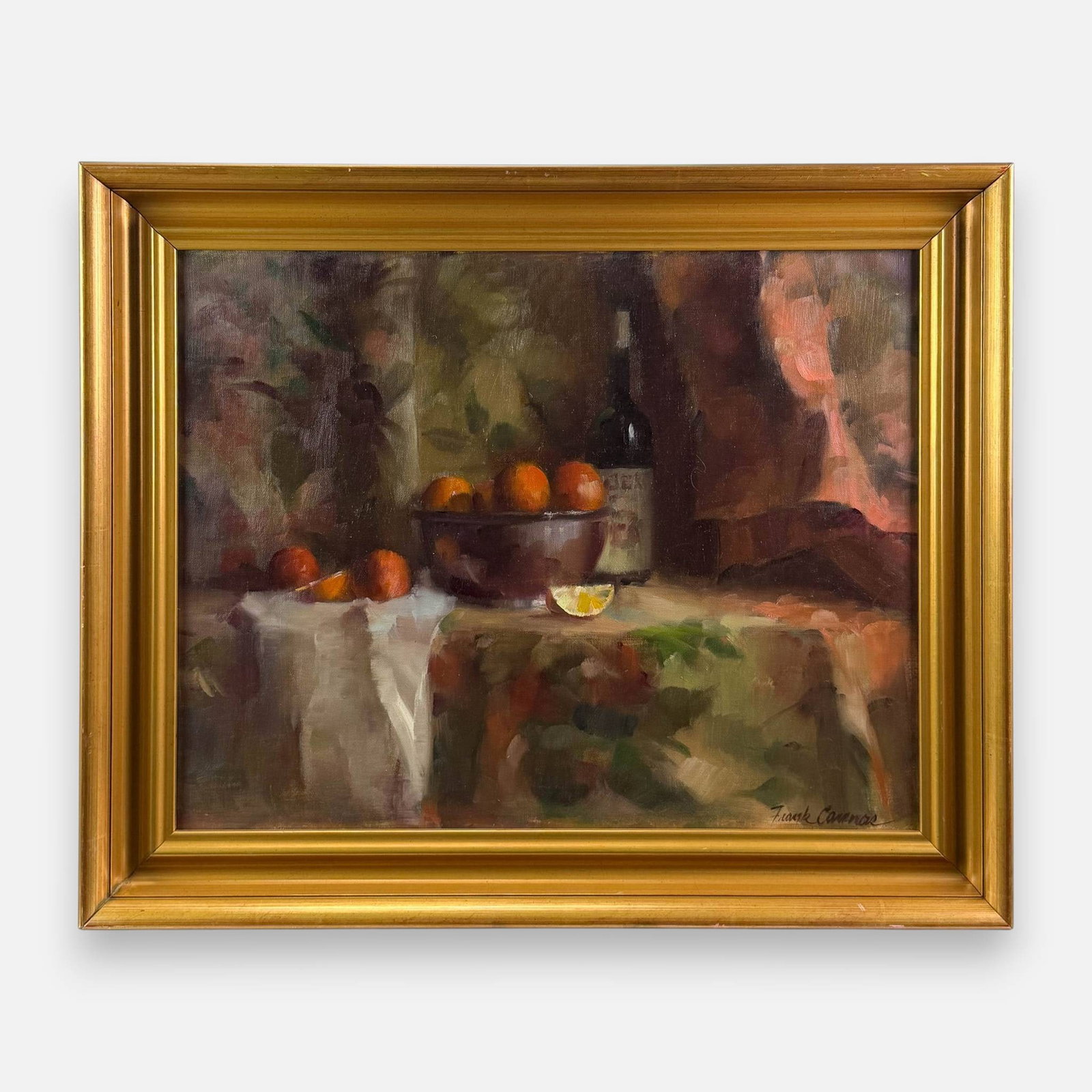 Frank Cannas Oranges Bowl & Wine Bottle Still Life Oil on Canvas Painting: Frank Cannas (American, b. 1936), oil on canvas. Signed lower right. See award to verso. Approx. stretcher size 19" x 24". For shipping, we highly recommend Donald Camden at UPS Store 4608. Alternativ
