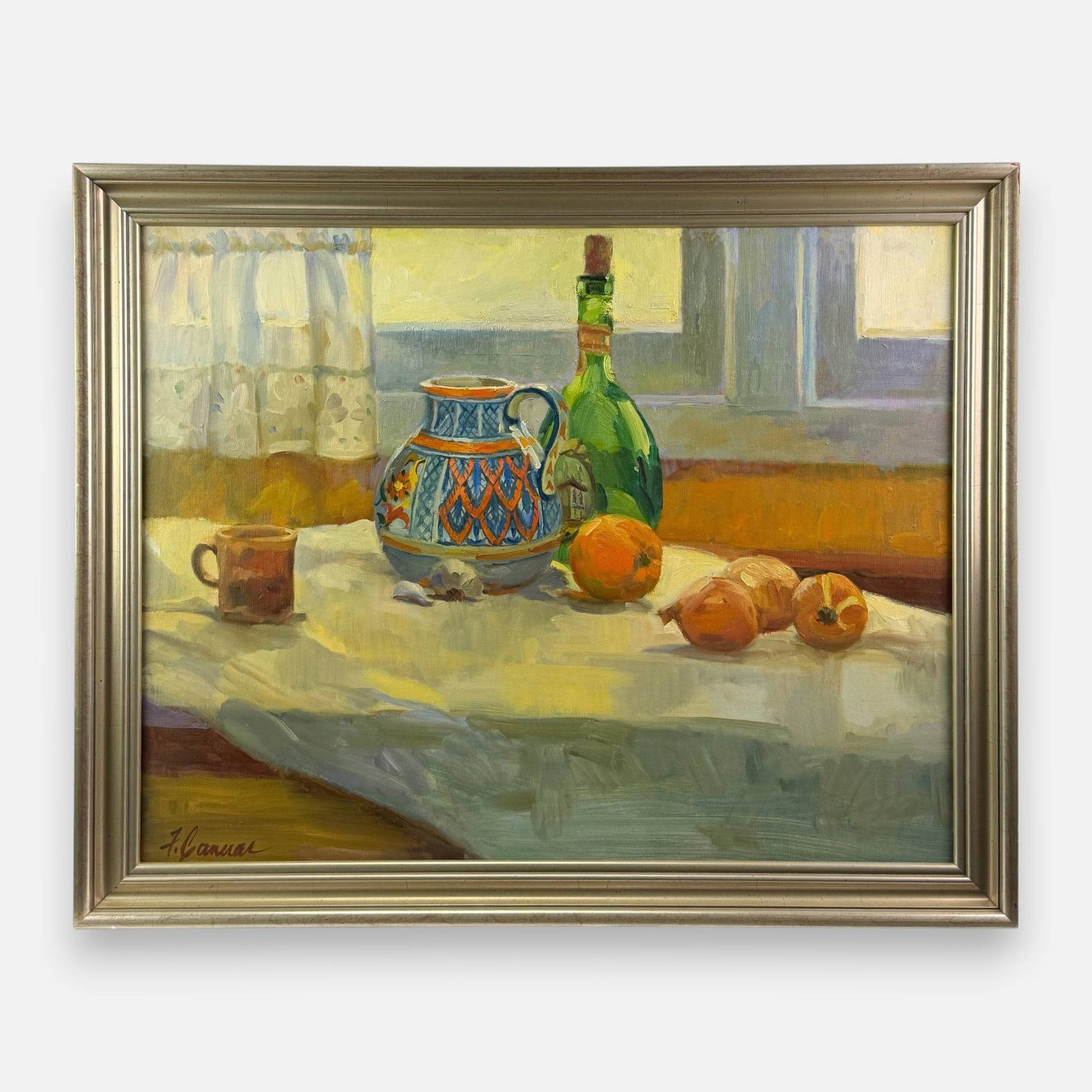 Frank Cannas Kitchen Tabletop Still Life Oil on Canvas Painting: Frank Cannas (American, b. 1936), oil on canvas. Signed lower left. Approx. stretcher size 21 3/4" x 28". For shipping, we highly recommend Donald Camden at UPS Store 4608. Alternatively, reach out to