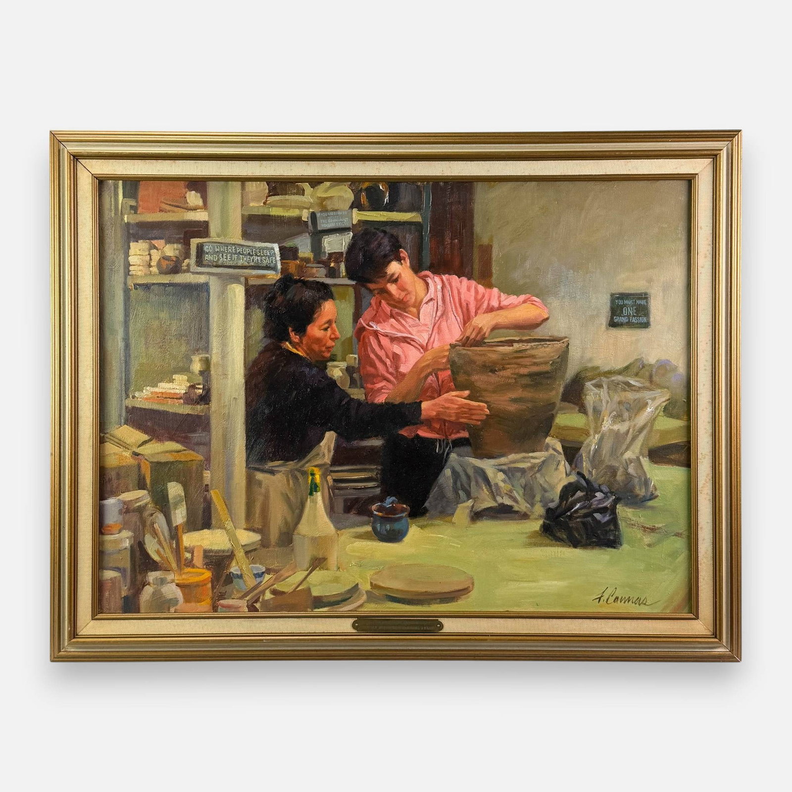 Frank Cannas "Siglinda and Karen" Oil on Canvas Painting: Frank Cannas (American, b. 1936), Siglinda and Karen, oil on canvas. Signed lower right. See stickers to verso. Approx. stretcher size 22" x 30". For shipping, we highly recommend Donald Camden at UPS