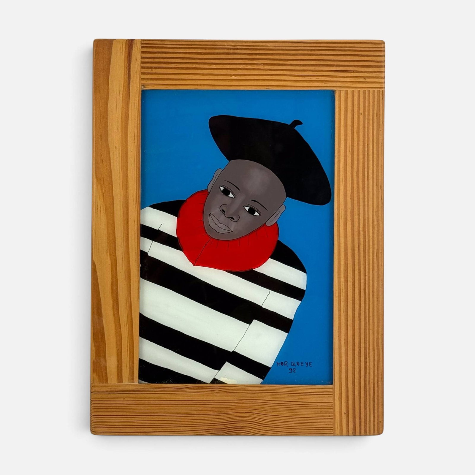 Mor Gueye 1998 Reverse Glass Painting: Mor Gueye (Senegalese, b. 1929), 1998, reverse glass painting. Signed and dated lower right. Approx. sight size 9 1/4" x 6". For shipping, we highly recommend Donald Camden at UPS Store 4608. Alternat