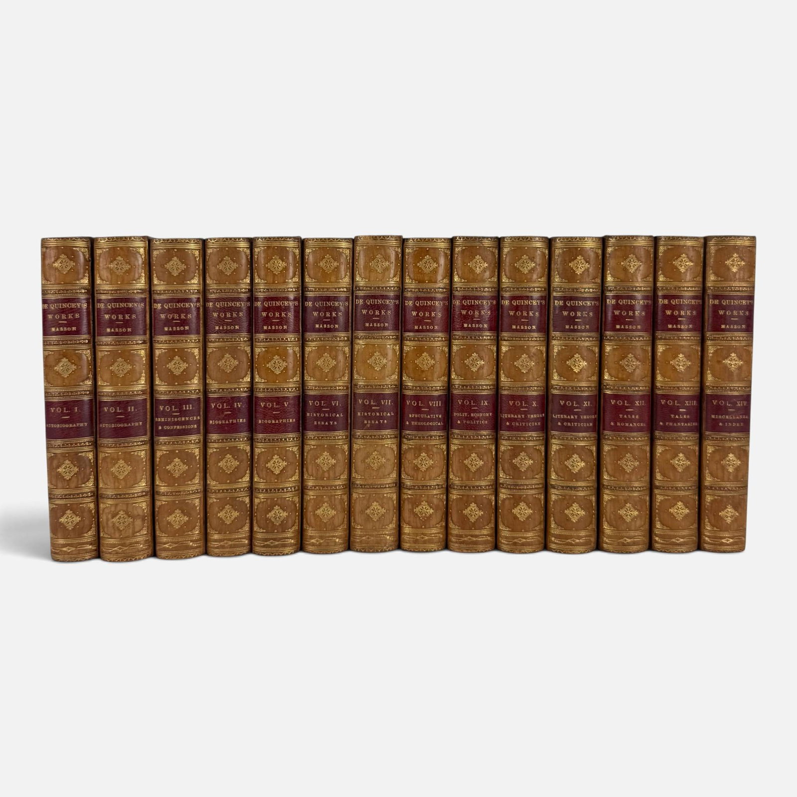 1896 The Collected Writings of Thomas De Quincey Vol 1-14 Book Set by David Masson: Very good condition throughout. 3/4 calf intact with good leather, scattered foxing, mostly confined to front and back end papers. Otherwise contents clean, with bindings secure and tight. For