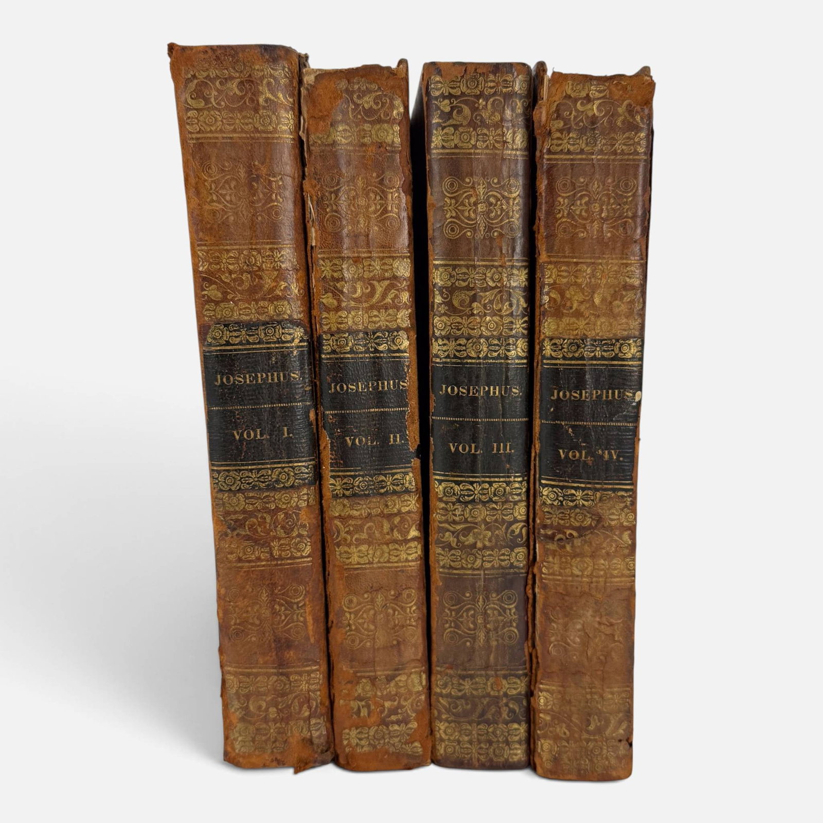 1829 The Works of Flavius Joseph Vol 1-4 Antique Book Set: Only good condition, complete with scattered foxing throughout, bindings somewhat loose with one back cover detached. Leather shows wear-please enlarge all pictures to view condition clearly For