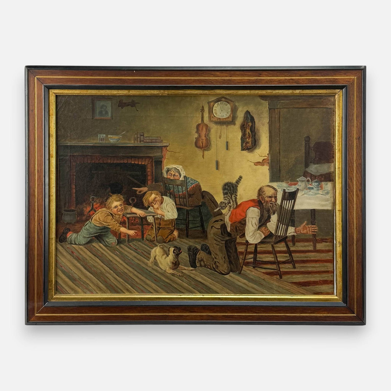 Antique Comedic Interior Scene Framed Oil on Canvas Genre Painting: After or by Archibald Willard. Apparently unsigned. See sheet to verso. Approx. stretcher size 17" x 24". For shipping, we highly recommend Donald Camden at UPS Store 4608. Alternatively, reach out