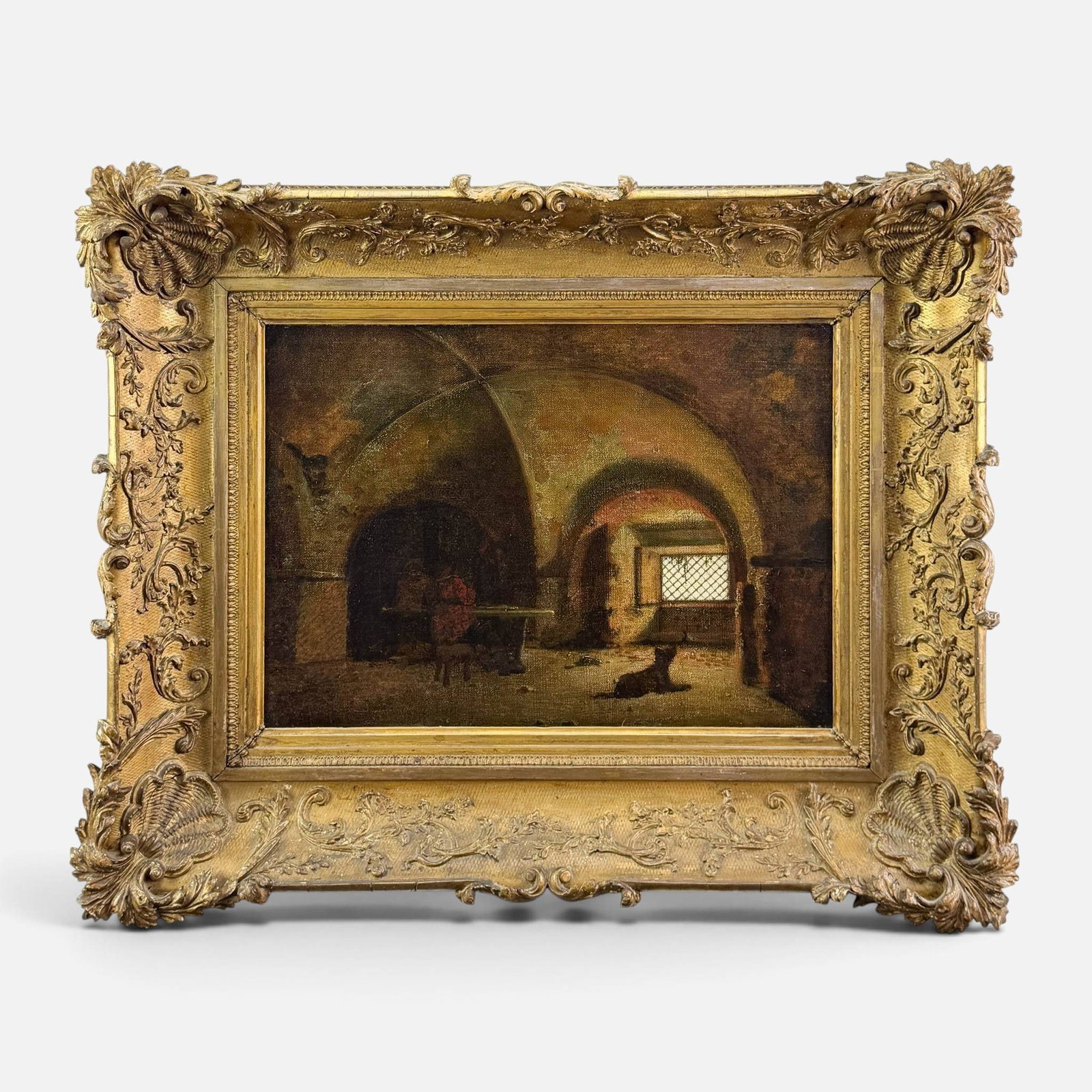 Antique 19thC Atmospheric Interior Scene Gilt Gesso Framed Oil on Canvas Painting: Ca. early 19thC. Apparently unsigned. Restored condition with no obvious sight defects. Approx. stretcher size 13 1/2" x 19". For shipping, we highly recommend Donald Camden at UPS Store 4608. Alterna