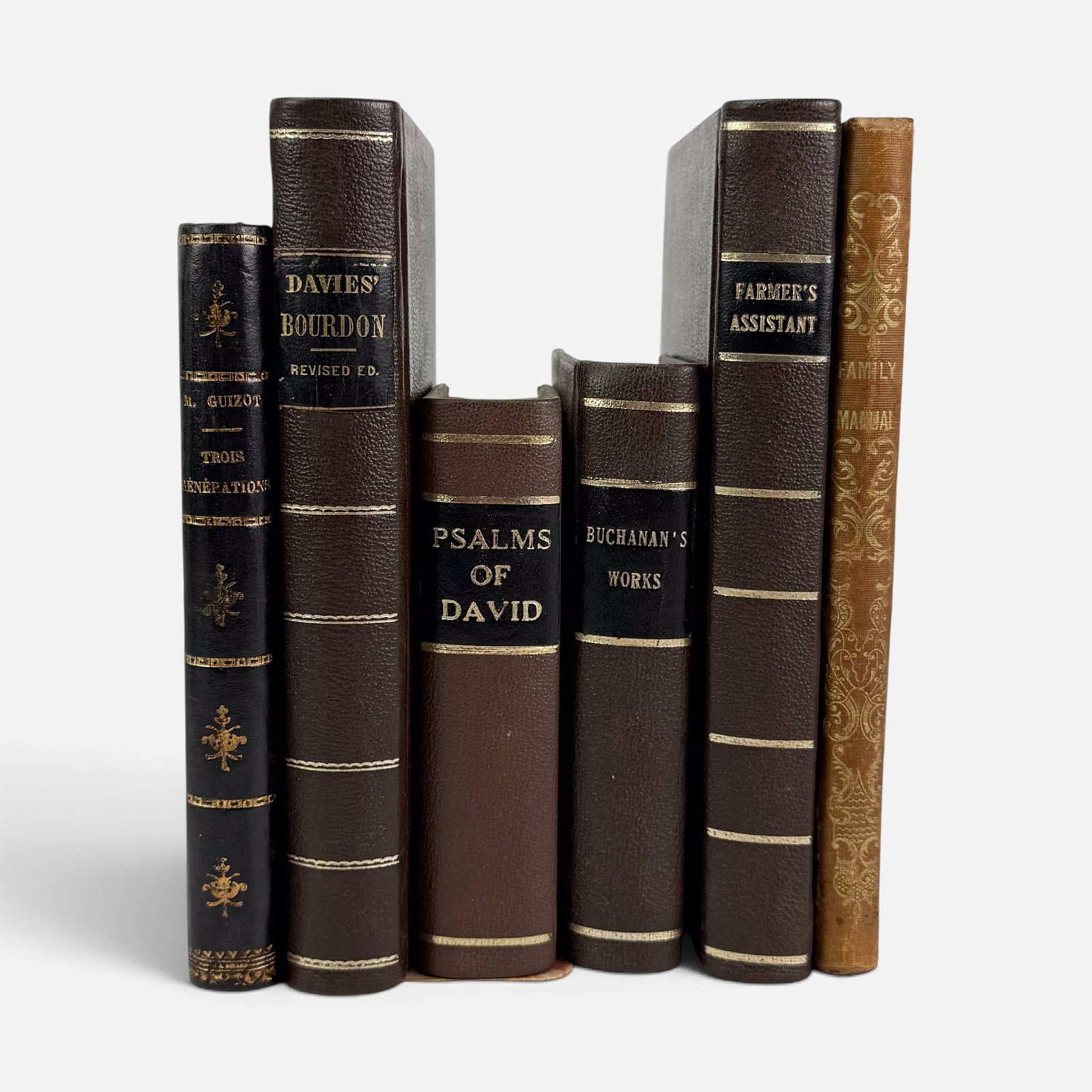 Six Antique Leather Bound Books: Trois Generations book has been made into a bookend. Measurement is for the largest. For shipping, we highly recommend Donald Camden at UPS Store 4608. Alternatively, reach out to one of our