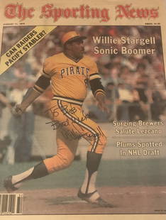 Willie Stargell, Pirates signed Sporting News: 11"x14" Sporting News cover signed by 2x World Champs Willie "Pops" (We are Fam-a-lee) Stargell (HOF-deceased). Inscribed, "To Bob, Best Wishes." Hall's Nostalgia LOA.
