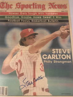 Steve Carlton, Phillies signed Sporting News: 11"x14" Sporting News cover signed by 2X world champ and member of the ultra exclusive 300 game winners club Steve "Lefty" Carlton. Hall's Nostalgia LOA.