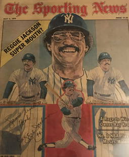 Reggie Jackson, Yankees signed Sporting News: 11"x14" Sporting News cover signed by Mr. October "Reg-gie Reg-gie Reggie Jackson (HOF), a 5x World champ and member of the rare MLB 500 HR club. Halls Nostalgia LOA.
