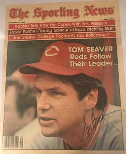 Tom Seaver, Reds signed Sporting News: 11"x14" Sporting News cover signed by Tom Seaver (HOF-deceased), a member of the '69 Amazin Mets and a member of the ultra exclusive 300 game winners club "Tom Terrific." Halls Nostalgia LOA.