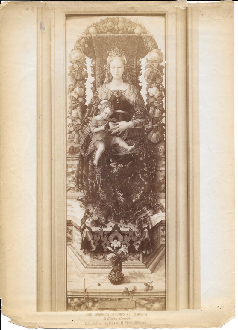 Madonna in trono col Bambino, 1880s: Unmounted albumen photograph of Madonna in trono col Bambino, a painting in Milan, Italy by Carlo Crivelli. Size: 8" x 11".