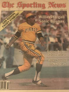Willie Stargell, Pirates signed Sporting News: 11"x14" Sporting News cover signed by 2x World Champs Willie "Pops" (We are Fam-a-lee) Stargell (HOF-deceased). Inscribed, "To Bob, Best Wishes." Hall's Nostalgia LOA.