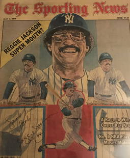 Reggie Jackson, Yankees signed Sporting News: 11"x14" Sporting News cover signed by Mr. October "Reg-gie Reg-gie Reggie Jackson (HOF), a 5x World champ and member of the rare MLB 500 HR club. Halls Nostalgia LOA.