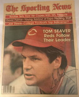 Tom Seaver, Reds signed Sporting News: 11"x14" Sporting News cover signed by Tom Seaver (HOF-deceased), a member of the '69 Amazin Mets and a member of the ultra exclusive 300 game winners club "Tom Terrific." Halls Nostalgia LOA.