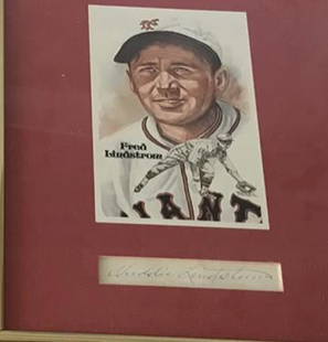 Fred Lindstrom, HOF cut signature: Cut signature of Fred Lindstrom (HOF-deceased) and postcard photo in an 8x10 frame.