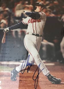Chipper Jones, HOF SP: 9"x13" photograph plaque signed by Chipper Jones (HOF). Note: White glare is from flash and not the photo itself.