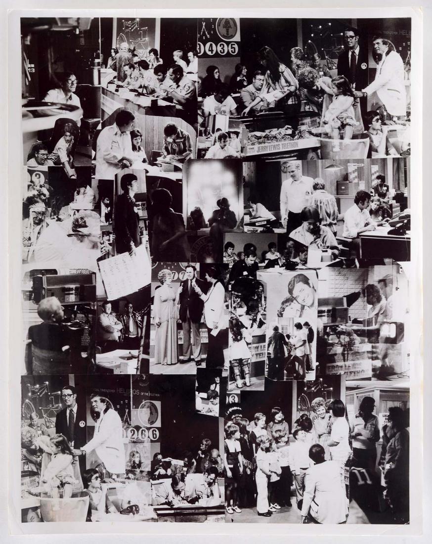 Jerry Lewis MDA Telethon, 1970s: Collage photograph of the Jerry Lewis MDA Telethon photographed by Cobisi circa 1970. Shows a local television station in Maine along with photographs of Jerry Lewis. Size: 14"x11".