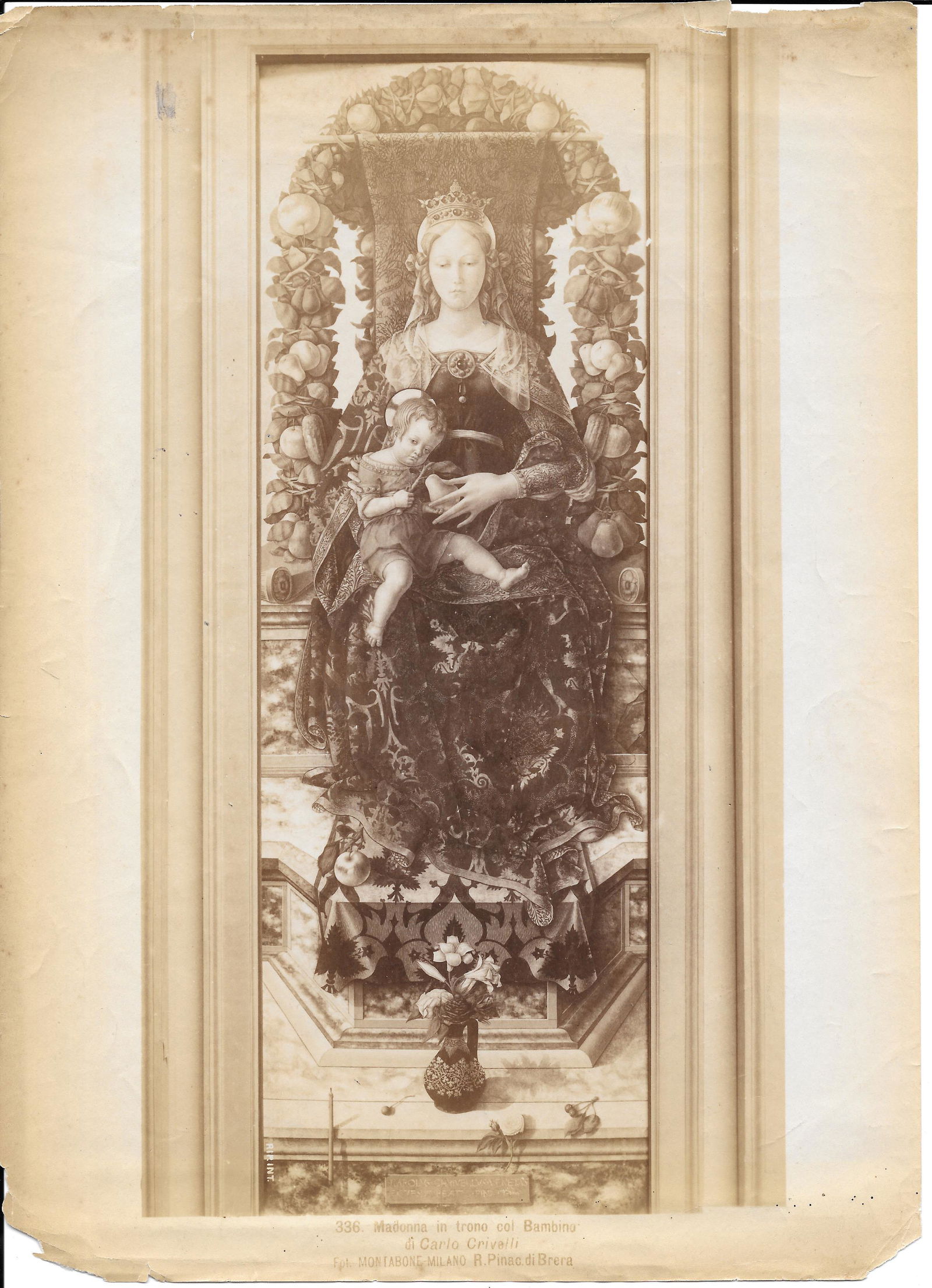 Madonna in trono col Bambino, 1880s: Unmounted albumen photograph of Madonna in trono col Bambino, a painting in Milan, Italy by Carlo Crivelli. Size: 8" x 11".