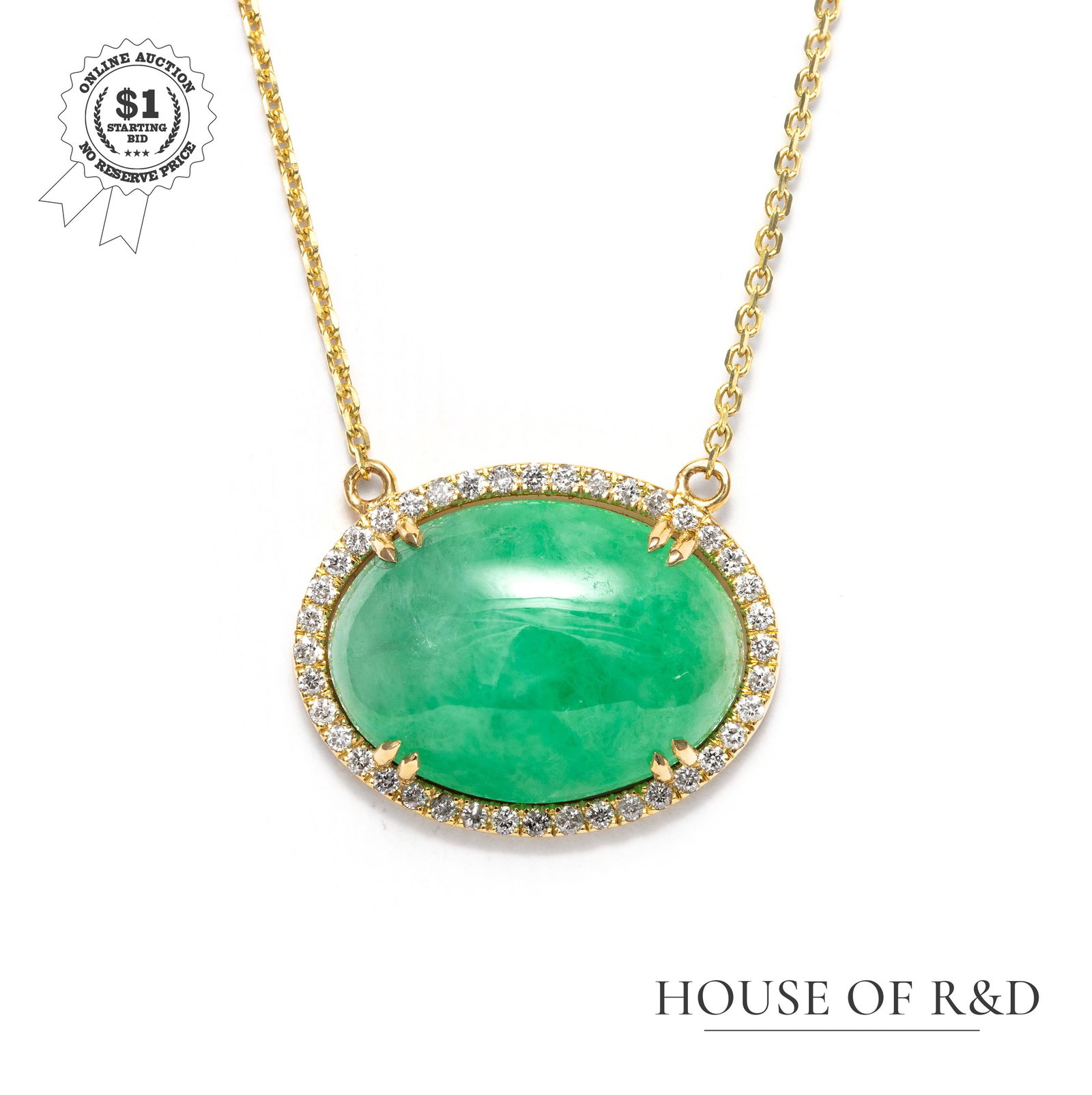 14k Yellow Gold - 8.20tcw - Jadeite & Diamond Necklace: No Reserve Price! Grading Results: ___________ Stone Type: Natural Jadeite Shape: Oval Cabochon Carat: 8.00 ct Color: Green Grading Results: ____________ Stone Type: Natural