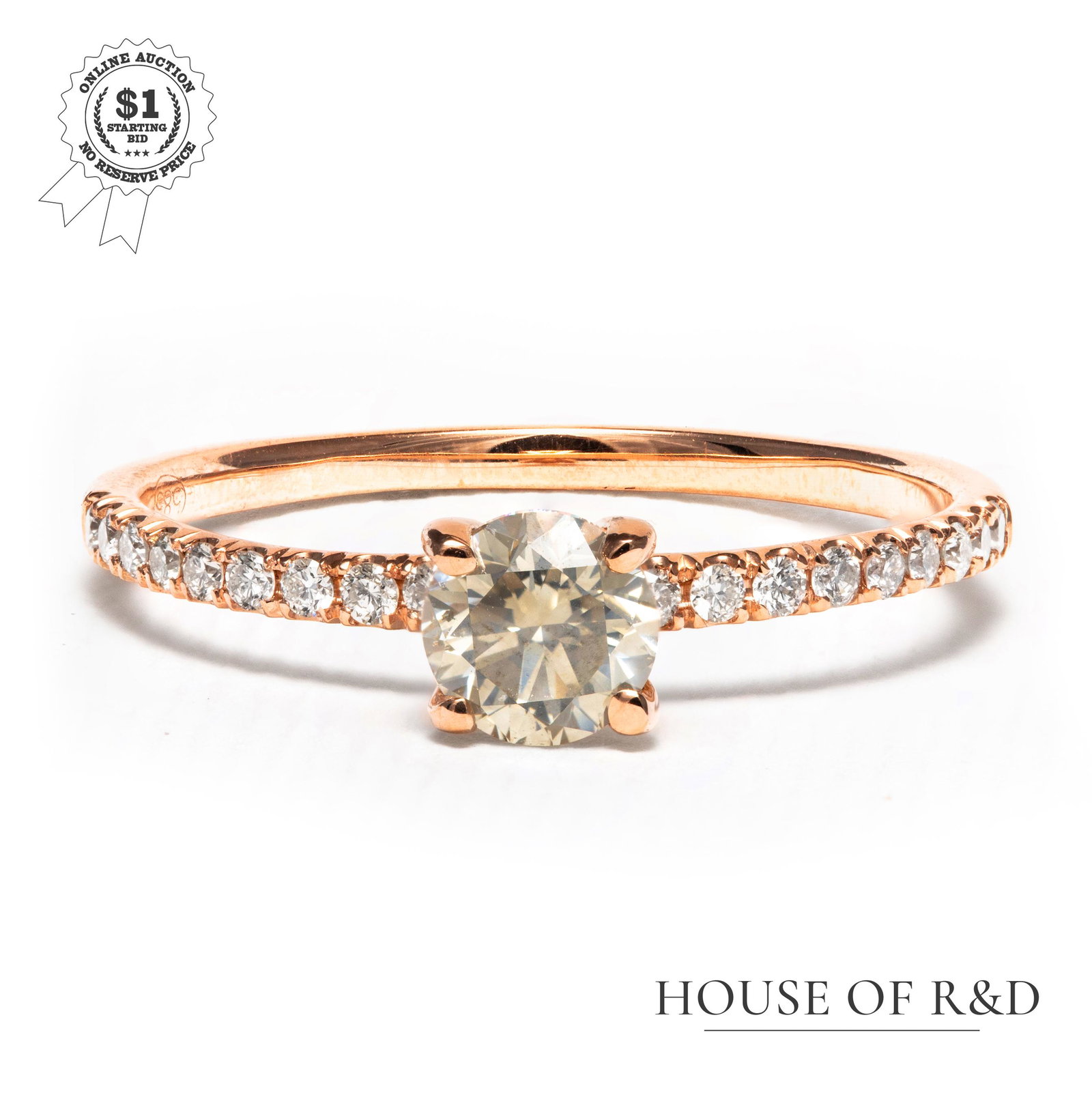 14k Rose Gold - 0.75tcw - Diamond Ring: No Reserve Price! Grading Results: ___________ Stone Type: Natural Diamond Shape: Round Brilliant Carat: 0.60 ct Color: Light Yellow Clarity: SI2 Grading Results: ___________
