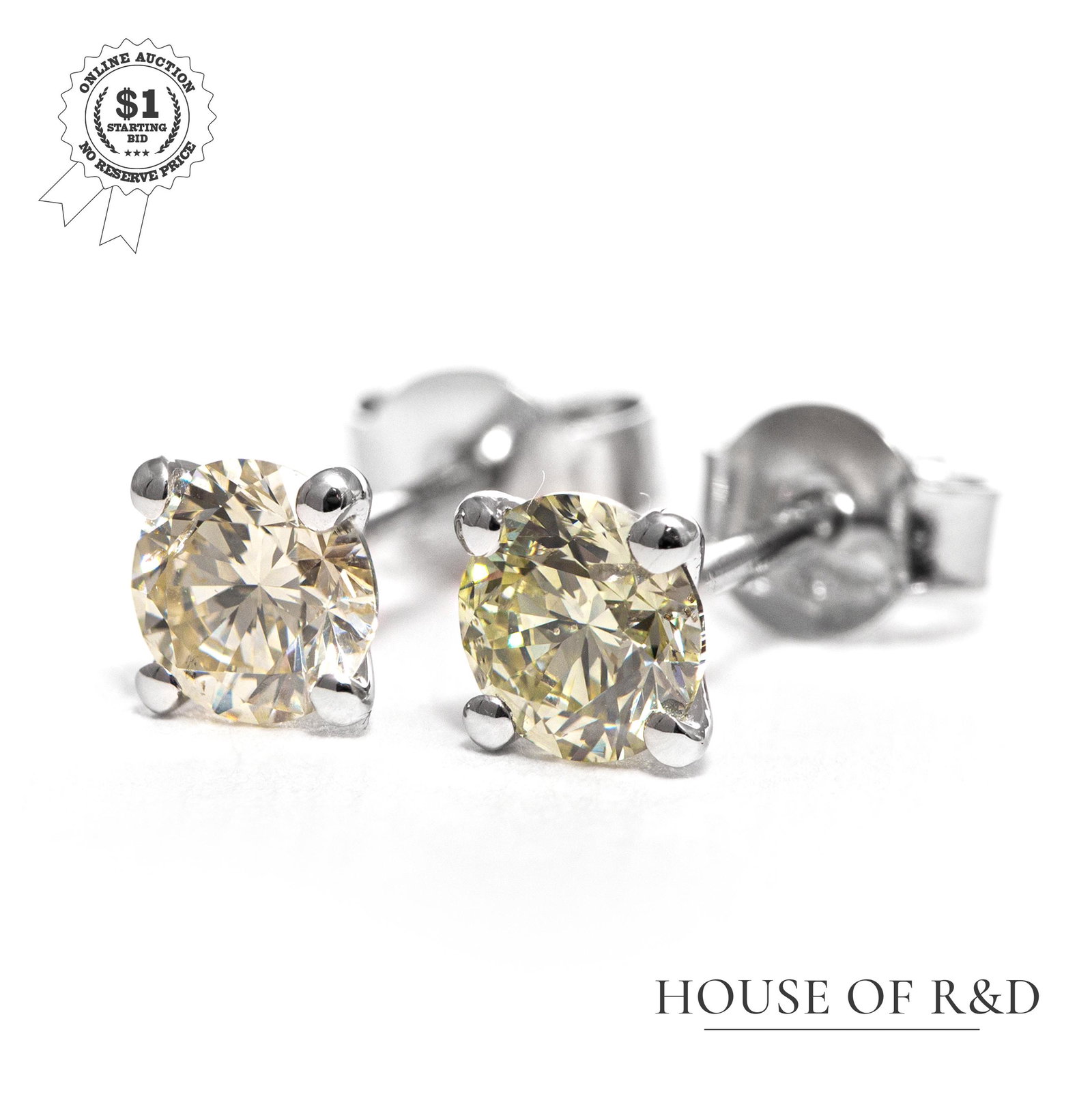 18&14k White Gold - 1.00tcw - Diamond Earrings: No Reserve Price! Grading Results: ___________ Stone Type: Natural Diamond Shape: Round Brilliant Carat: 2 Pcs / 1.00 ct Color: Natural Fancy Light Yellow Clarity: SI1 Jewelry Mat
