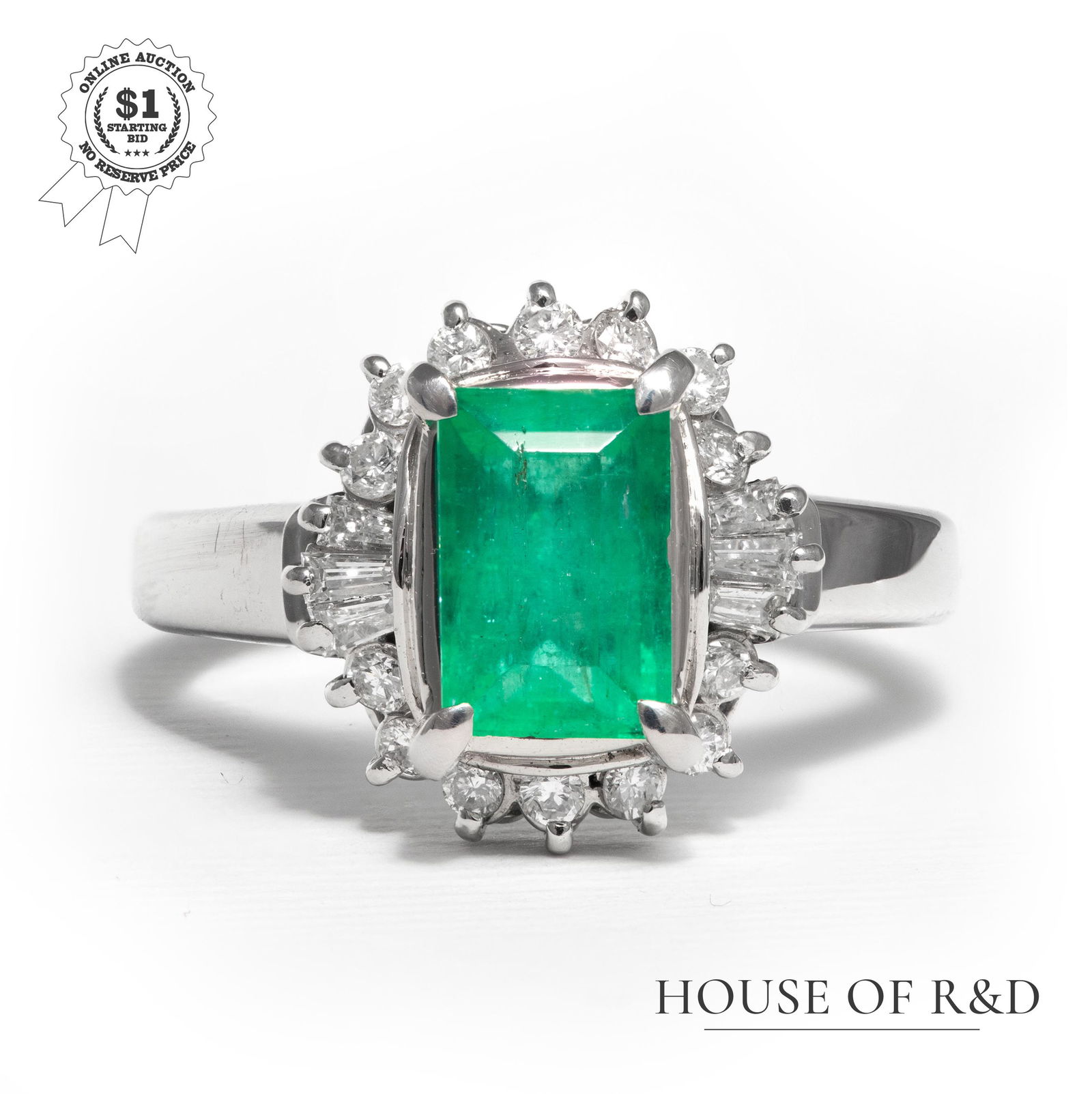 Platinum 900 - 1.29tcw - Emerald & Diamond Ring: No Reserve Price! Grading Results:___________Stone Type: Natural EmeraldShape: Emerald CutCarat: 1.29 ctColor: GreenClarity: Moderately Included 2Treatment: Clarity Enhancement &nb