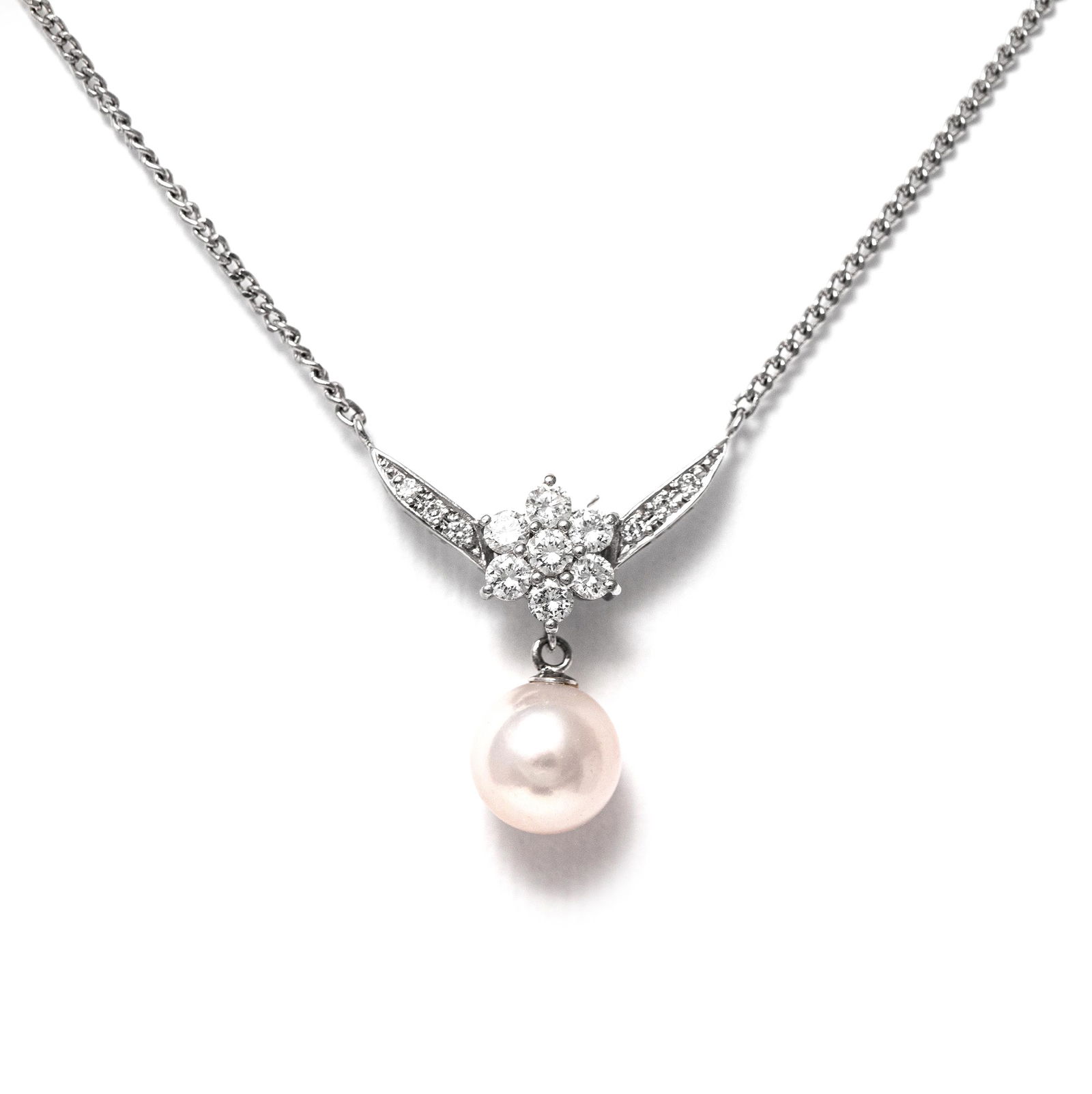 Platinum 900+850 - 2.11cw - Pearl & Diamond Pendant (1 of 6)