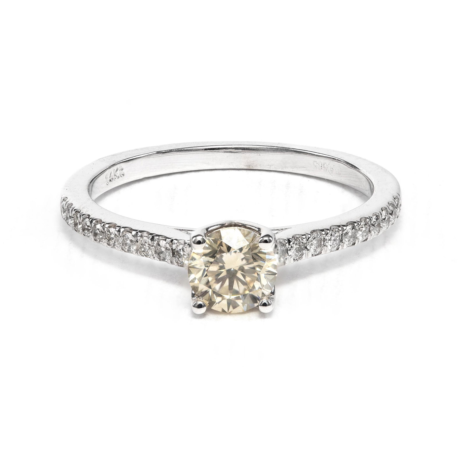 14k White Gold - 0.71tcw - Diamond Ring: No Reserve Price! Grading Results: ___________ Stone Type: Natural Diamond Shape: Round Brilliant Carat: 0.54 ct Color: Very Light Yellow Clarity: VS2 Grading Results: ______