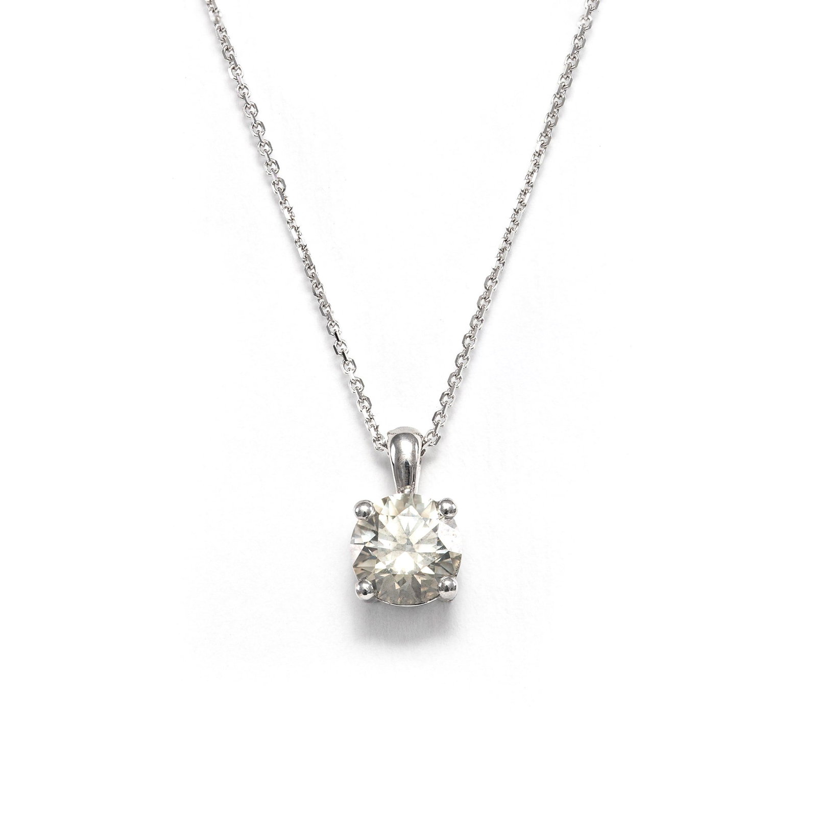 14k White Gold - 1.04tcw - Diamond Pendant: No Reserve Price! Grading Results: ___________ Stone Type: Natural Diamond Shape: Round Brilliant Carat: 1.04 ct Color: Light Gray Yellow Clarity: VS2 Jewelry Material: 14k White