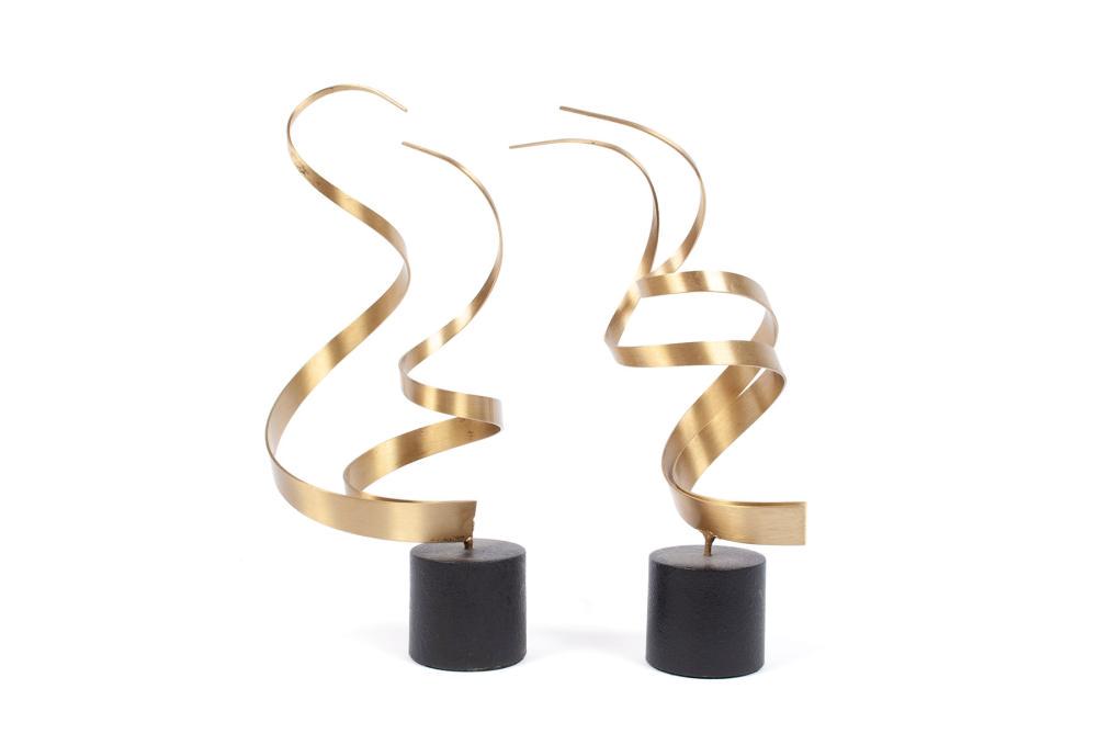 TWO SPIRALING SCULPTURES BY CURTIS JERE: TWO SPIRALING SCULPTURES BY CURTIS JERE American, late-20th century. Sculpted brass on black metal stands, 1994, both signed. tallest: 14" height