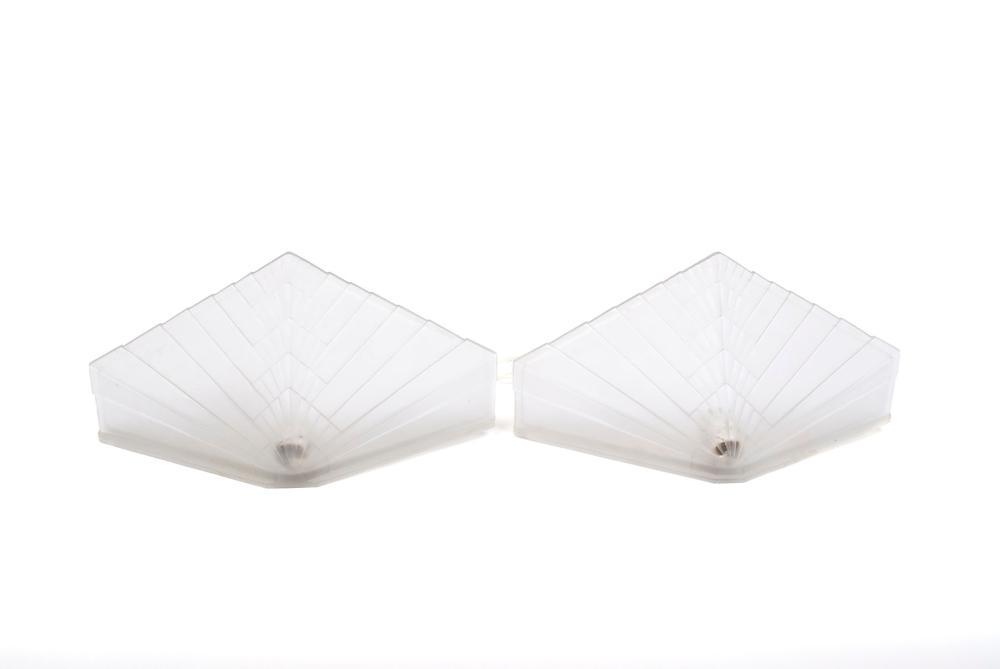 PAIR OF DEGUE ART DECO SCONCES: PAIR OF DEGUE ART DECO SCONCES France, mid 20th century, satin glass. Pyramidical forms with relief signature, the company owned by David Guéron (1892 – 1950); rewired. 4" height, 16" width, 7.5" d