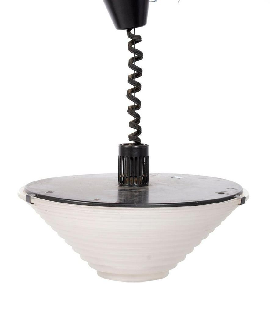 ITALIAN HANGING LAMP: ITALIAN HANGING LAMP Italy, mid-20th century. Conical frosted shade attached to spring-form ceiling mount. 25.5" length, 15" diameter