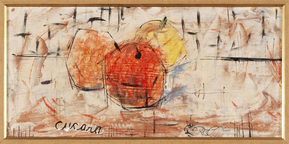 PASCAL CUCARO (1915-2004): PASCAL CUCARO (1915-2004) Oil on board, signed. Abstract still life of fruit on a white ground. Provenance: From the Estate of Louis and Betty Teicher. Sight 7.25" height, 15.25" width, frame 10.5" he