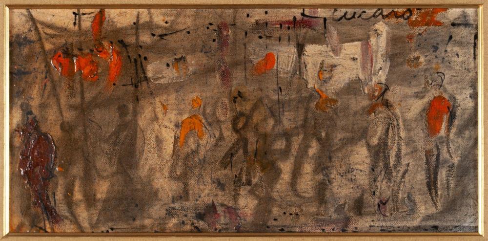 PASCAL CUCARO (1915-2004): PASCAL CUCARO (1915-2004) Oil on board, signed. Abstract image of figures with orange on a brown ground. Provenance: From the Estate of Louis and Betty Teicher. Sight 7.5" height, 15.25" width, frame