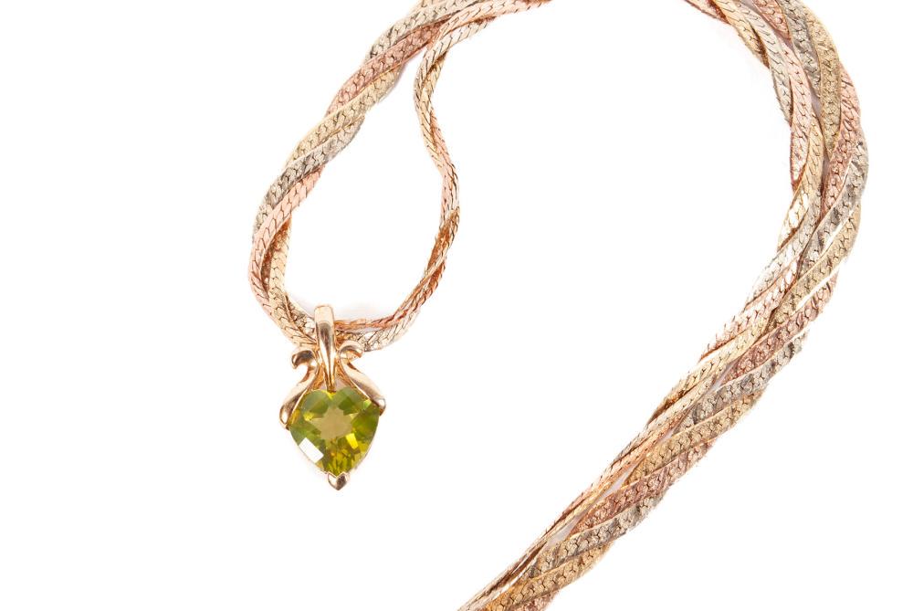 MULTI-TONE GOLD BRAIDED NECKLACE AND PERIDOT PENDANT (1 of 6)
